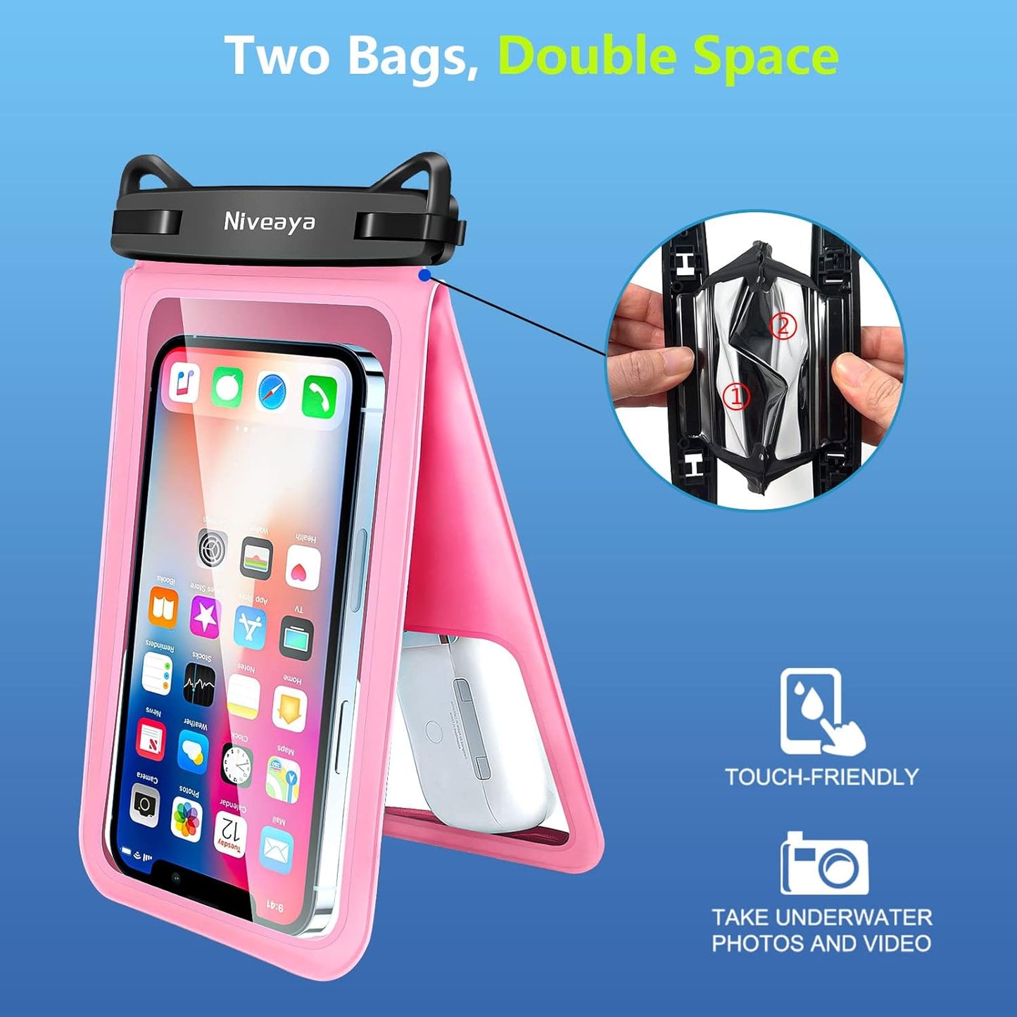 Niveaya Double Space Waterproof Phone Pouch - 2 Pack, Waterproof Phone Lanyard Case with Iphone 15/14/13/12/ Pro Max/Pro/8 Plus, Galaxy S22/S21/S20/S10/Note 20/10/9 up to 7", Dry Bag for Vacation.  Niveaya   