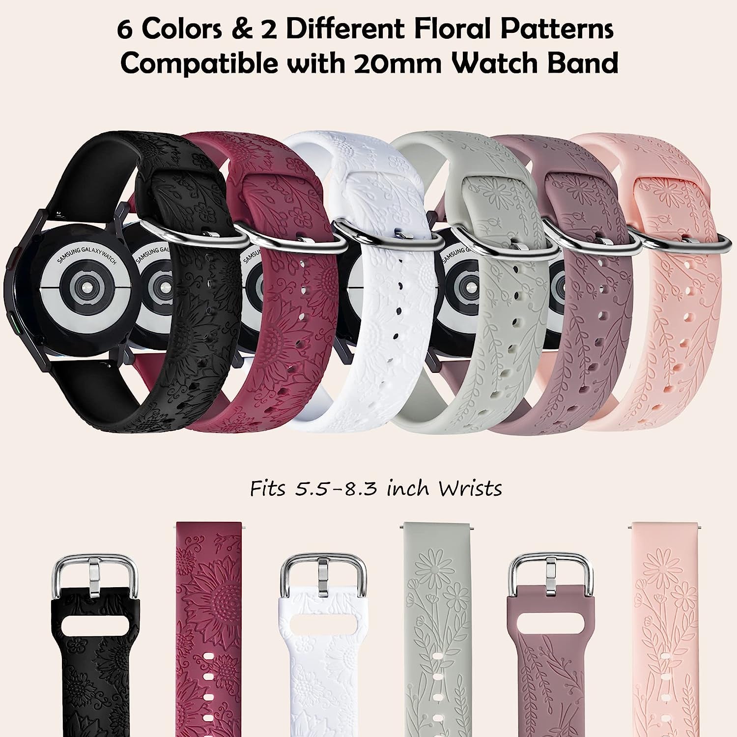 6 Pack Bands for Samsung Galaxy Watch 5 & 4 Band with 4 Charms, YOPICKERN 20Mm Women Floral Engraved Silicone Strap with Decorative Rings Loops for Active 2/Watch 5 Pro/Watch 4 Classic 46Mm 42Mm/Watch 3 41Mm  YOPICKERN   