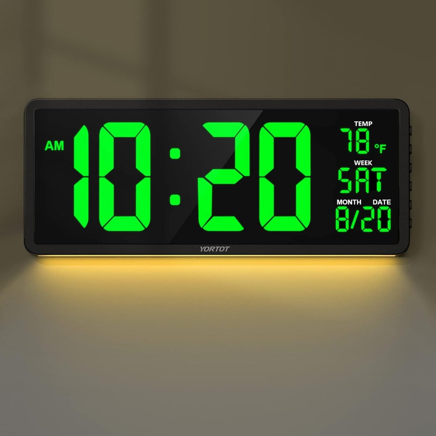 YORTOT 16” Large Digital Wall Clock with Remote Control - Adjustable Dimmer, 7 Color Night Lights, Big LED Clock with Indoor Temperature, Date, Auto DST, 12/24Hour, Wall Mount/Foldable Stand  YORTOT Geen + Remote  