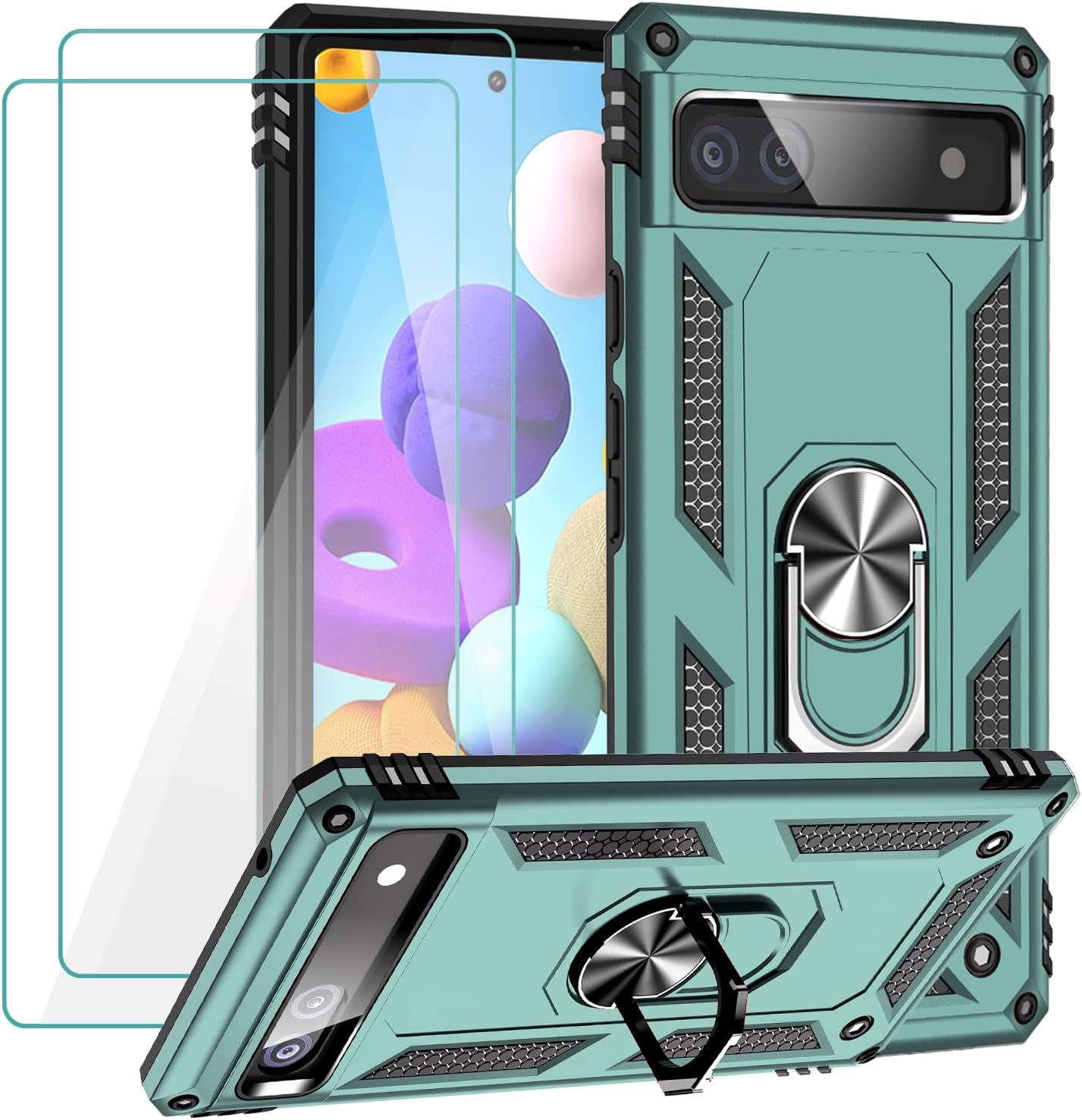 Muntinfe for Google Pixel 6A Case with Tempered Glass Screen Protector [2 Pack], Military-Grade Armor Shockproof Protective Phone Cover with Ring Magnetic Kickstand for Pixel 6A, Black  CAROL Dark Green  
