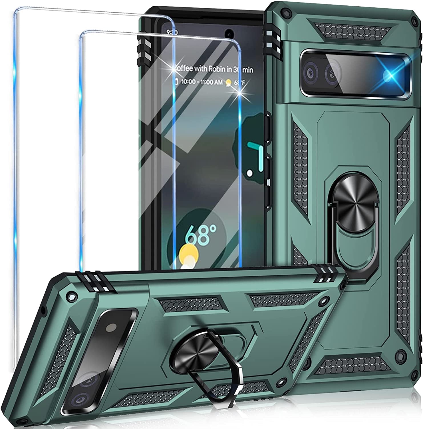 For Google Pixel 6A Case with Screen Protector, Military Grade Shockproof Heavy Duty Protective Phone Case Pass 16Ft Drop Test with Magnetic Kickstand Car Mount Holder for Google Pixel 6A 2022 Red  Vaki Green  