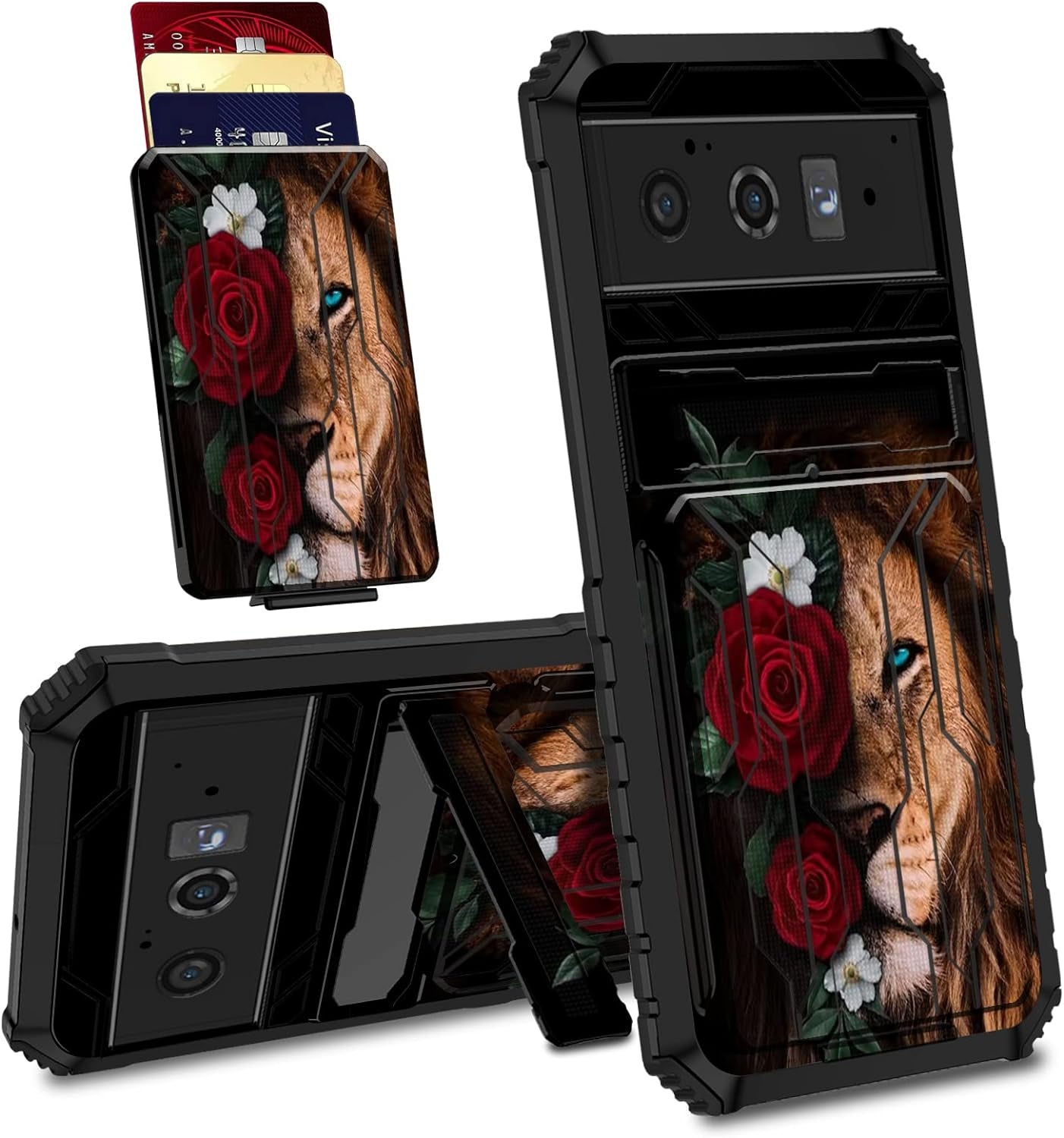 Case for Goole Pixel 6 Pro with Detachable Card Holder Slot Kickstand Hybrid Dual Layer Heavy Duty Shockproof Cover Hidden ID Cash Credit Wallet Case for Google Pixel 6 Pro 5G, Vintage American Flag  BVDIKMI Lion Red Rose  