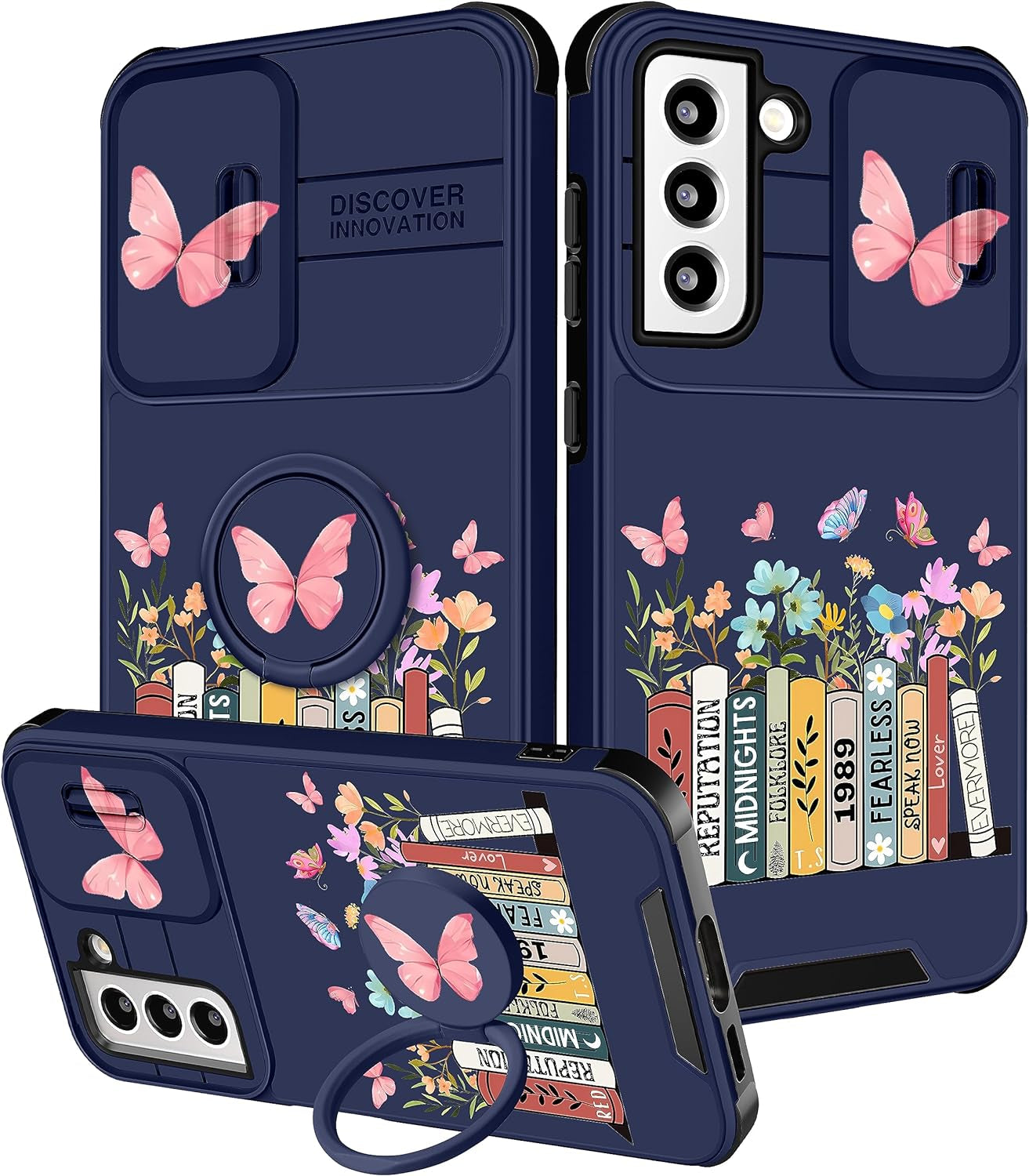 Funermei (2In1 for Samsung Galaxy S21 Case for Women Butterfly Cute Girls Phone Cover Girly Pretty Aesthetic Kawaii Black Butterfly Design with Camera Cover + Ring Stand Funda for Galaxy S21 5G Case  Funermei 4-For S21-Books  