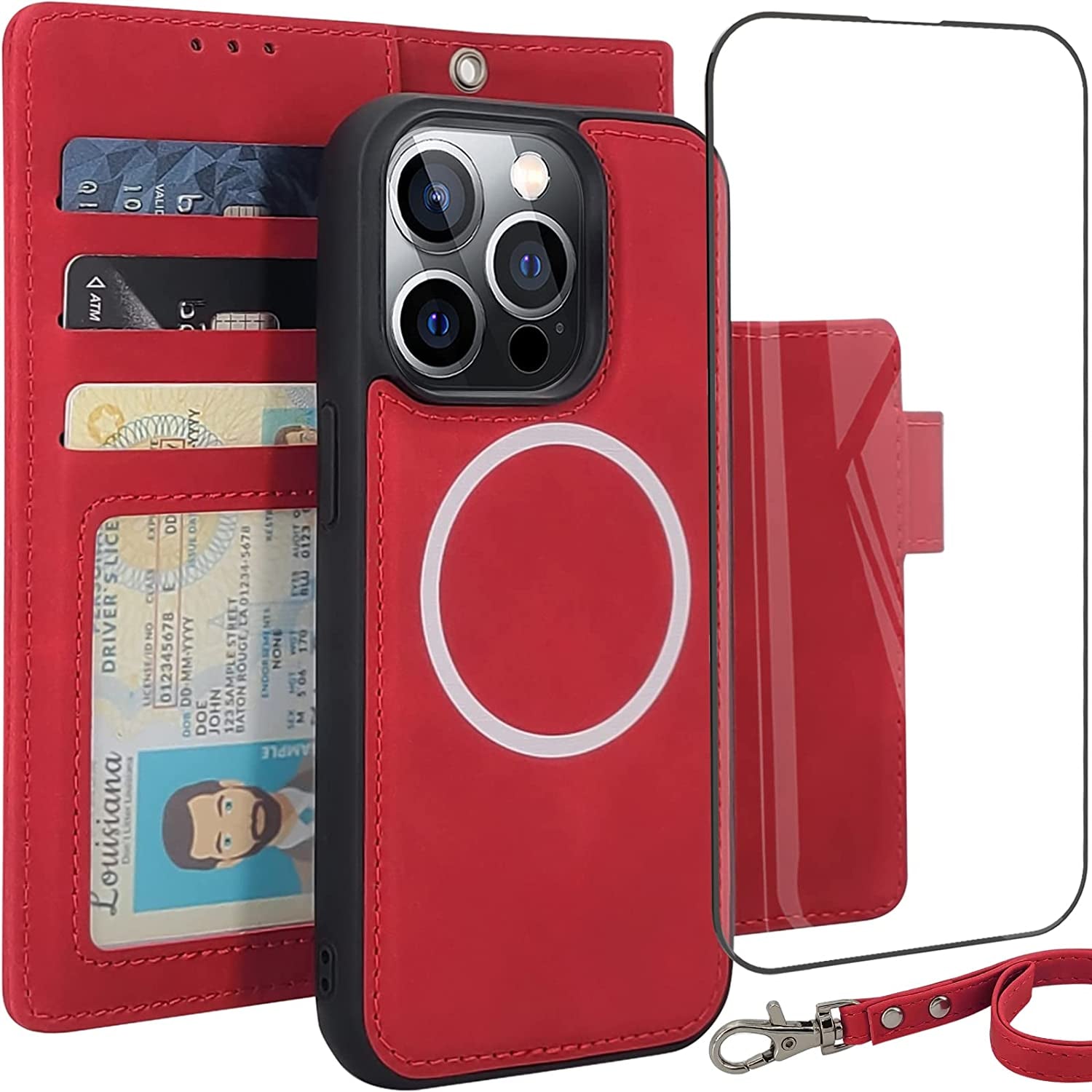 CAVOKAS Case Wallet for Iphone 14 Pro Wallet Case, 6.1 Inch Magnetic Detachable Leather Flip Case with Card Holders, Compatible with Magsafe Wireless Charging Kickstand Phone Cover RFID Block, Blue  CAVOKAS Red iPhone 14 Pro 