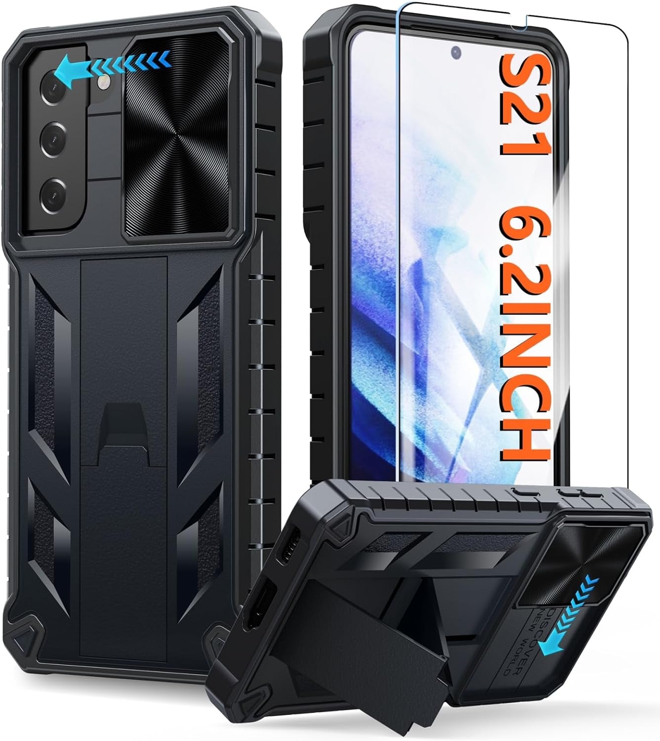 FNTCASE for Samsung Galaxy S21 Case: Heavy Duty Shockproof Phone Cover with Kickstand | Durable Protective Shockproof Cases Rugged Military Grade Drop Proof Protection 6.2" Matte Shell Black  FNTCASE   