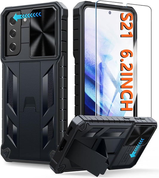 FNTCASE for Samsung Galaxy S21 Case: Heavy Duty Shockproof Phone Cover with Kickstand | Durable Protective Shockproof Cases Rugged Military Grade Drop Proof Protection 6.2" Matte Shell Black  FNTCASE   