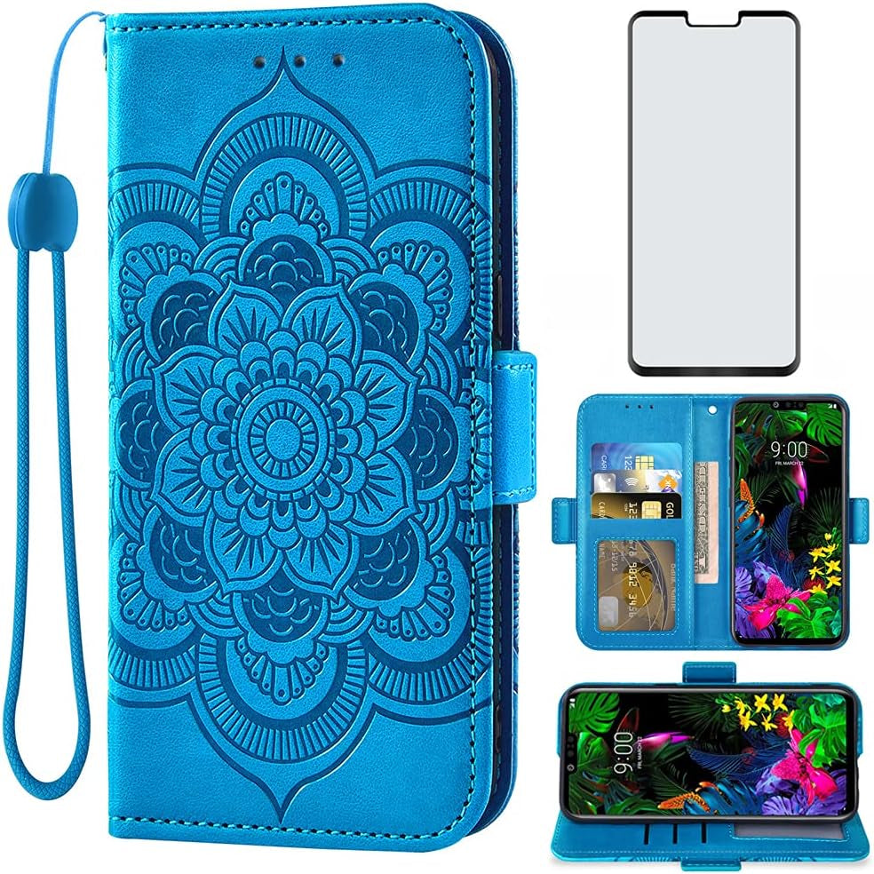 Asuwish Compatible with LG G8 Thinq Wallet Case and Tempered Glass Screen Protector Leather Flip Cover Card Holder Stand Cell Phone Cases for LGG8 Thin Q G 8 LG8 G8Thinq Lgg8Thinq 8G Women Men Blue  Asuwish   