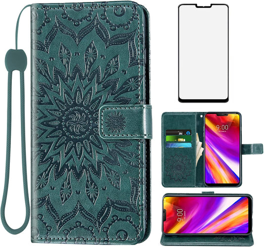 Phone Case for LG G7 Thinq Wallet with Tempered Glass Screen Protector Leather Flip Cover Card Holder Stand Cell LGG7 One G 7 plus LG7 Fit Lg7Thinq 7G Thin Q G7+ G7Thinq Lgg7Thinq Women Men Dark Green  Asuwish   