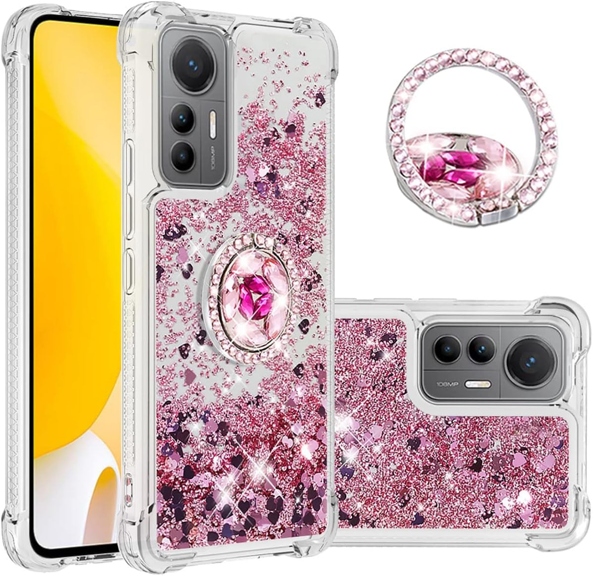 Ccsmall Glitter Clear Sparkly Bling Case for Xiaomi 12 Lite, Rugged Shockproof Flowing Liquid Floating Cover for Women with Ring Holder Phone Case for Xiaomi 12 Lite LSZ Purple  CCSmall Rose Gold Xiaomi 12 Lite 