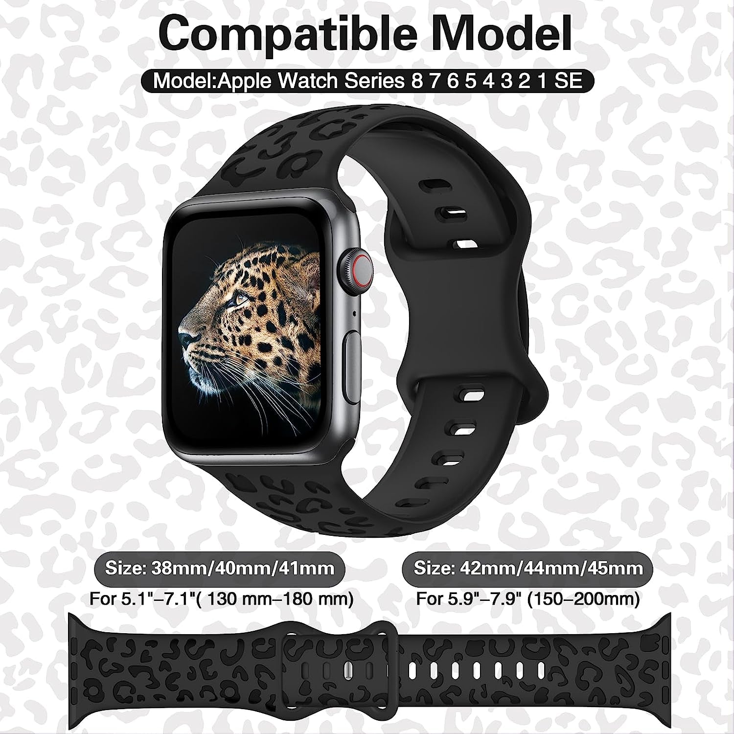 Leopard Engraved Silicone Watch Band for Apple Watch Band 38Mm 40Mm 41Mm 42Mm 44Mm 45Mm Women Men, Waterproof Cheetah Sport Strap Wristbands for Iwatch Series 8 7 6 SE 5 4 3 2 1  Alibaydoo   
