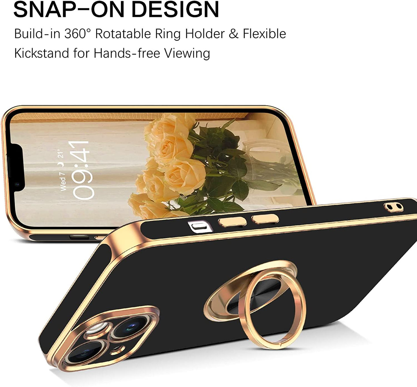 VENINGO Iphone 14 Case,Phone Cases for Iphone 14,Slim Fit Soft 360° Ring Holder Kickstand Magnetic Car Mount Supported Easy Clean Shockproof Protective Cover for Apple Iphone 14 6.1" 2022,Black/Golden  VENINGO   