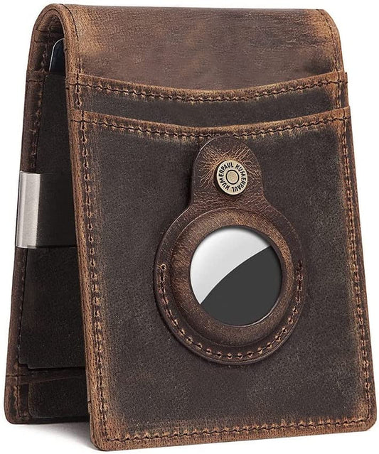 Wallet for Men, Mens Wallets for Airtag RFID Blocking with 2 ID Windows, Crazy Horse Leather Wallet, Slim Lar Dark Brown B-OFDI2213 Bi-Fold Wallet  JIESHUN   