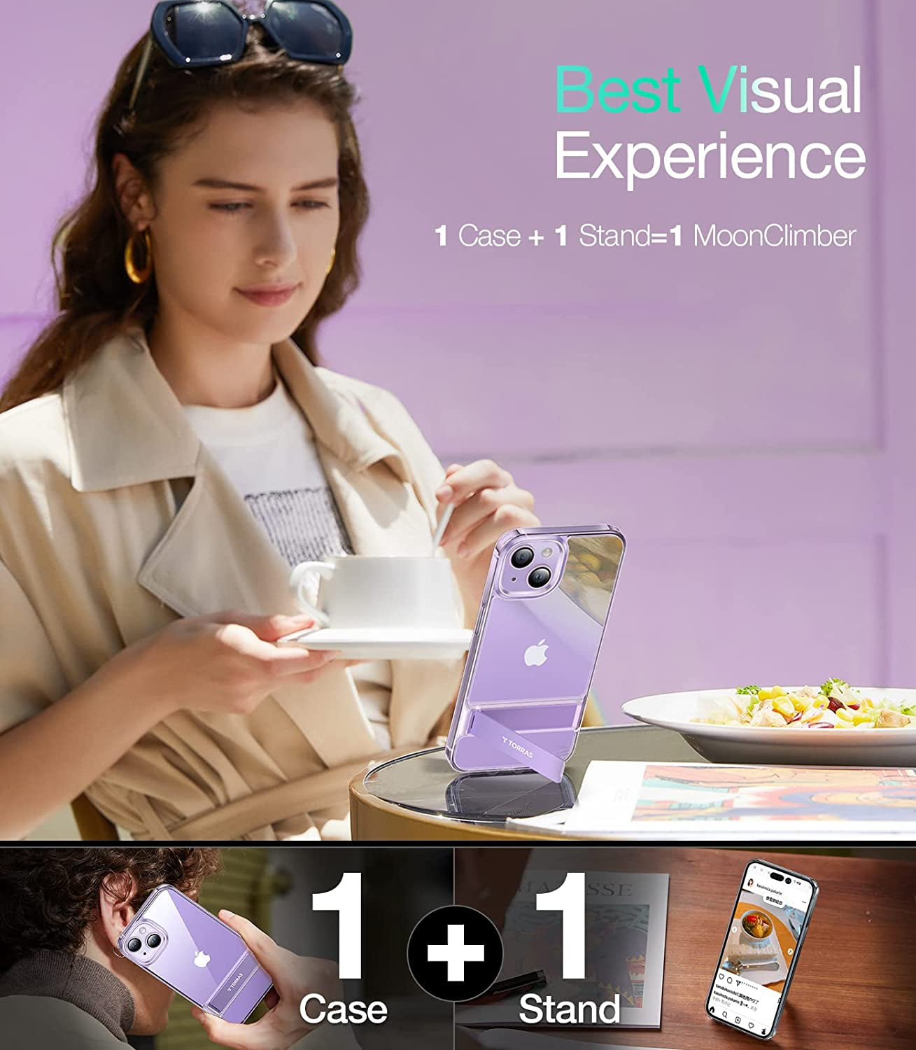 TORRAS Moonclimber for Iphone 14 plus Case, [3 Stand Ways][Non-Yellowing] Military Grade Shockproof Protective Slim Hard Clear Phone Case with Stand 6.7'' 2022, Purple  TORRAS   