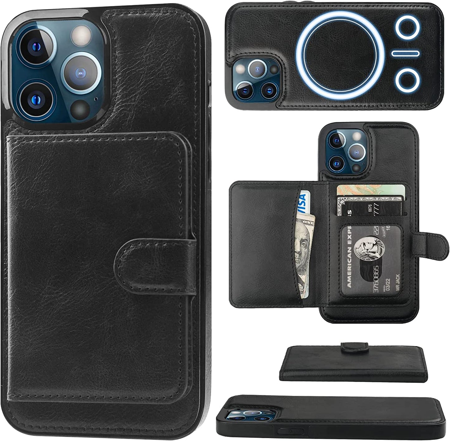 Bocasal Wallet Case for Iphone 13 Pro Max Compatible with Magsafe Magnetic RFID Blocking Detachable Premium PU Leather Flip Case with Card Slots Holder Kickstand Wireless Charging 6.7 Inch (Brown)  Bocasal Black  