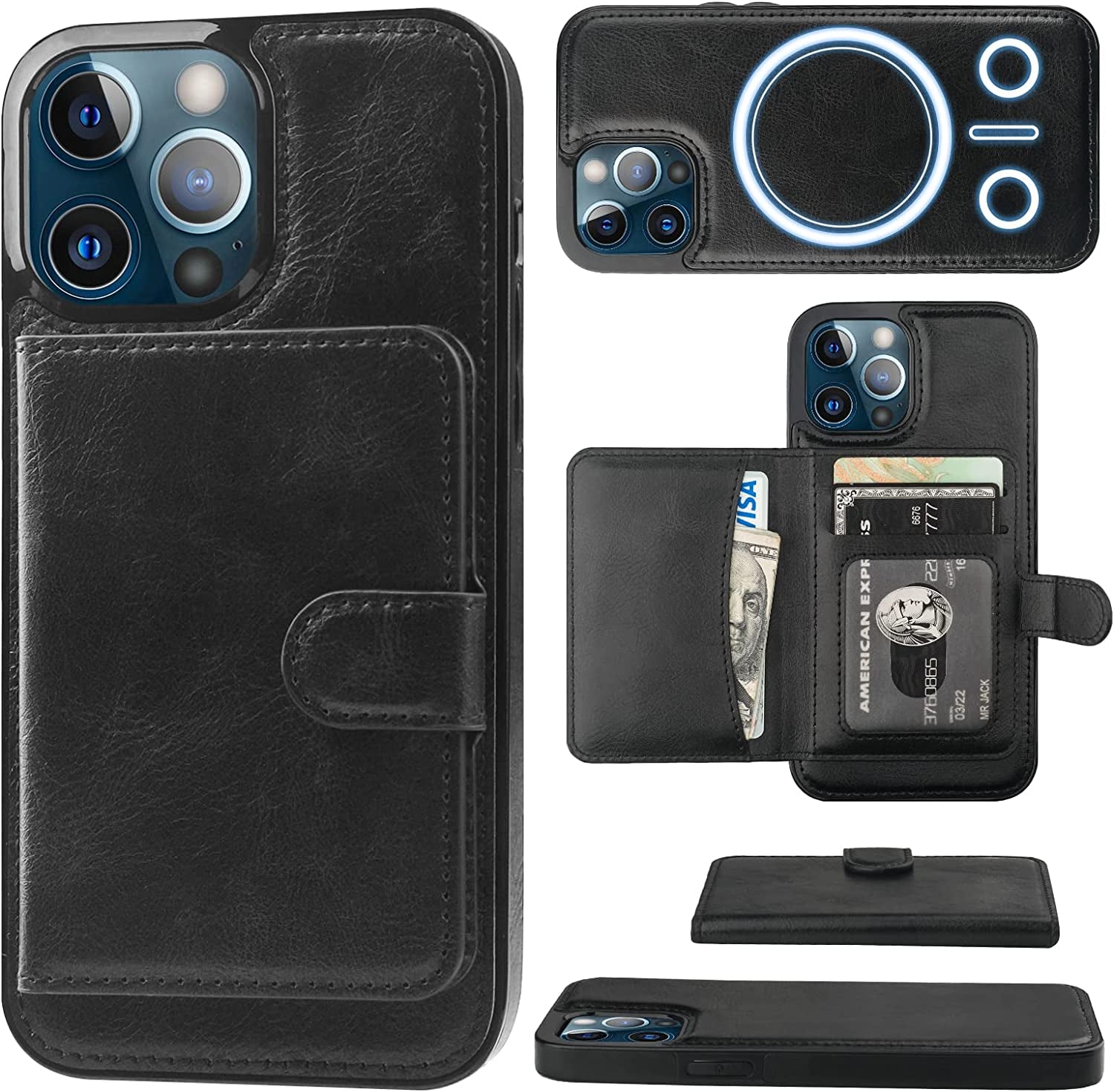 Bocasal Wallet Case for Iphone 13 Pro Max Compatible with Magsafe Magnetic RFID Blocking Detachable Premium PU Leather Flip Case with Card Slots Holder Kickstand Wireless Charging 6.7 Inch (Brown)  Bocasal Black  