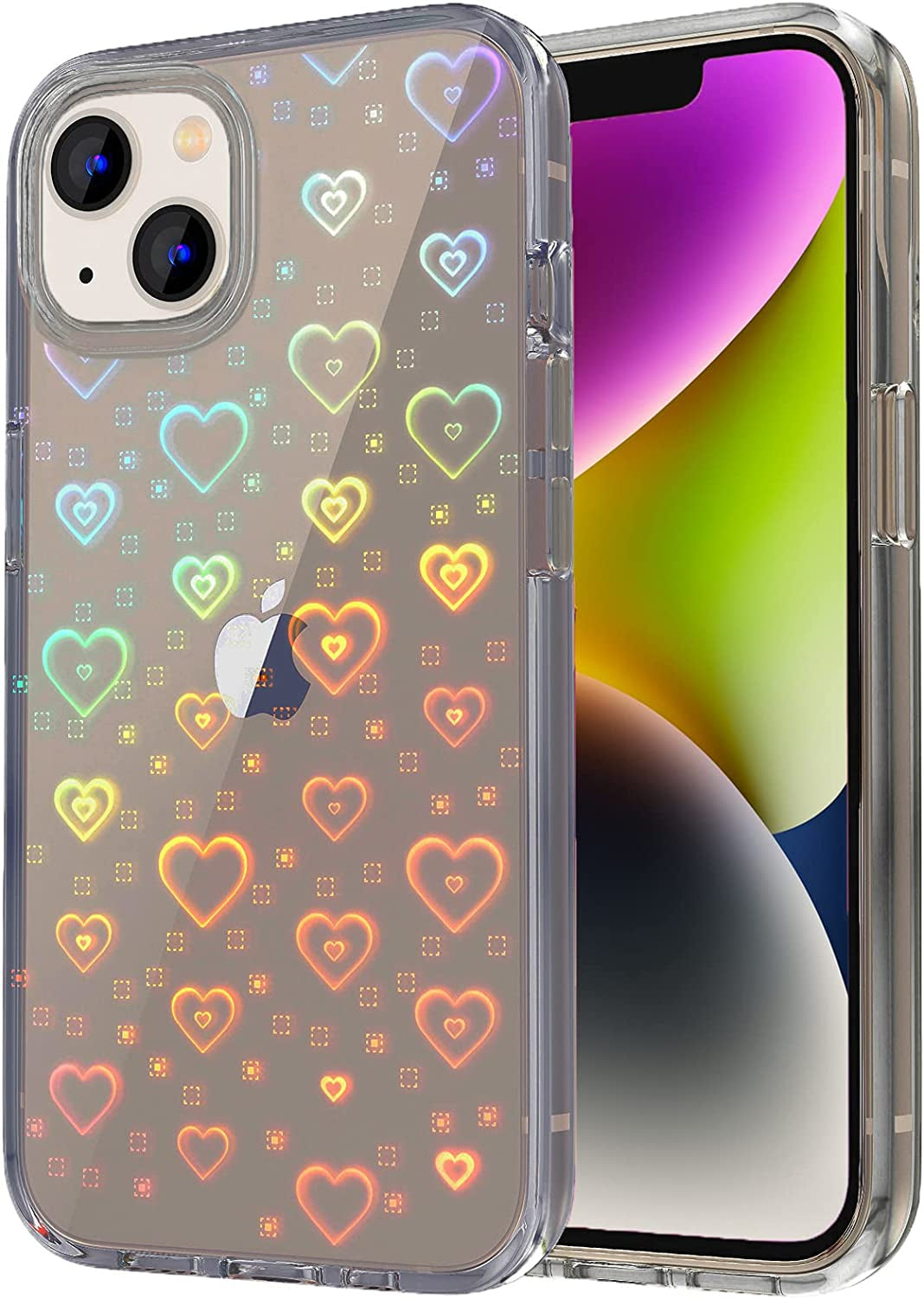 Tksafy Case Compatible Iphone 14 Case, Clear Glitter Cute Laser Holographic Love Heart Pattern for Women Girls, Anti-Yellow Hard PC Protective Phone Cover for Iphone 14 6.1-Inch 2022, Purple  Tksafy Light Black  
