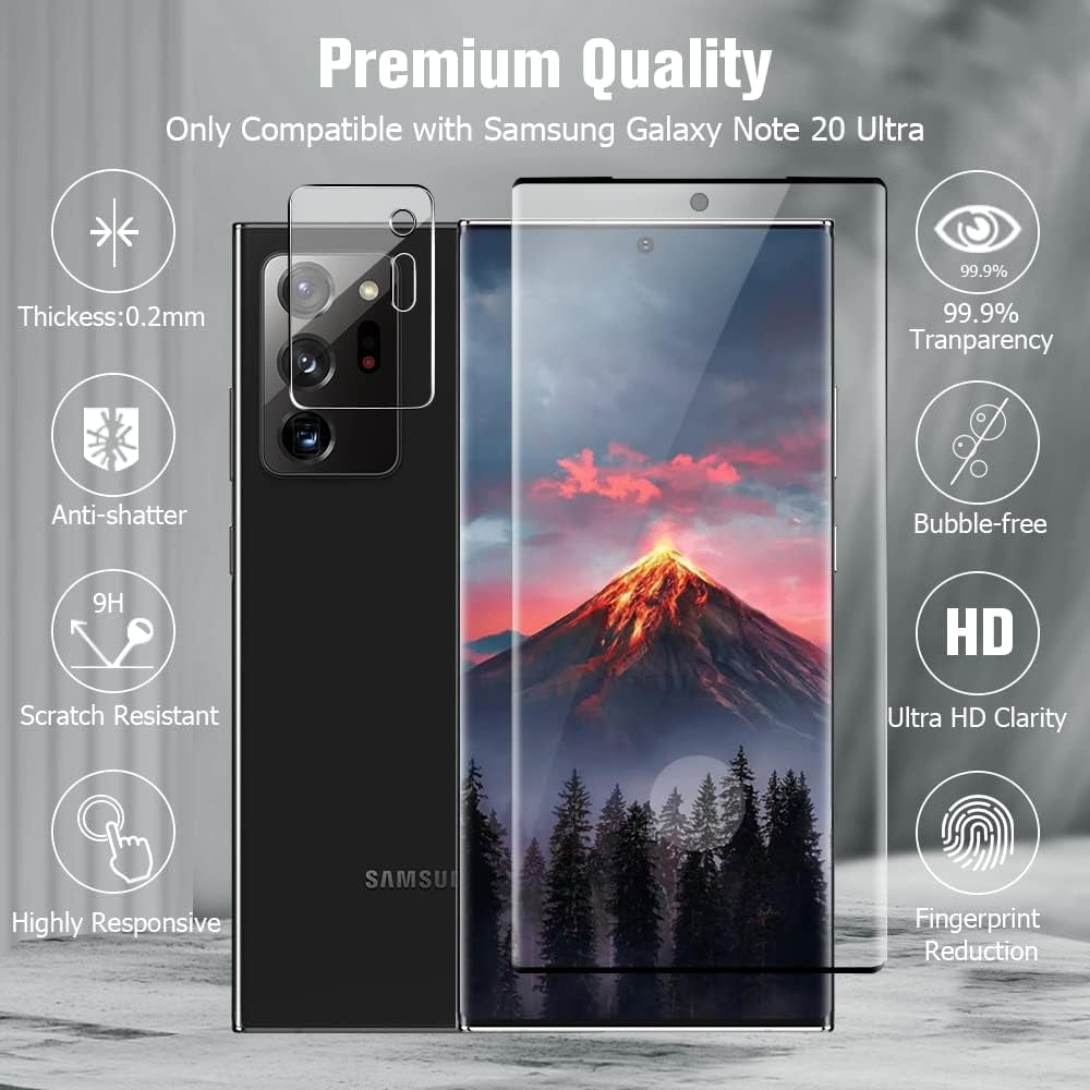 [2+2 Pack] Galaxy S20 Ultra Screen Protector and Camera Lens Protector,Fingerprint Unlock,3D Full Coverage,For Samsung Galaxy S20 Ultra (6.9 Inch) 9H Hardness Tempered Glass Screen Protector  OuYteu   