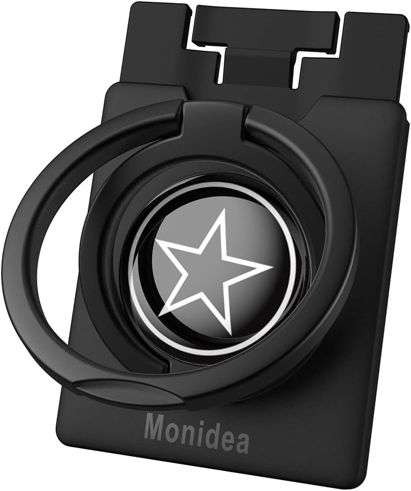 Monidea Phone Ring Holder, Phone Grip Finger Kickstand Wireless Charging Friendly, 360°Rotation Metal Phone Ring Grip Stand Work with Magnetic Car Mount for Iphone Samsung Ipad Tablets & More - Black  MonIdea Black Star  