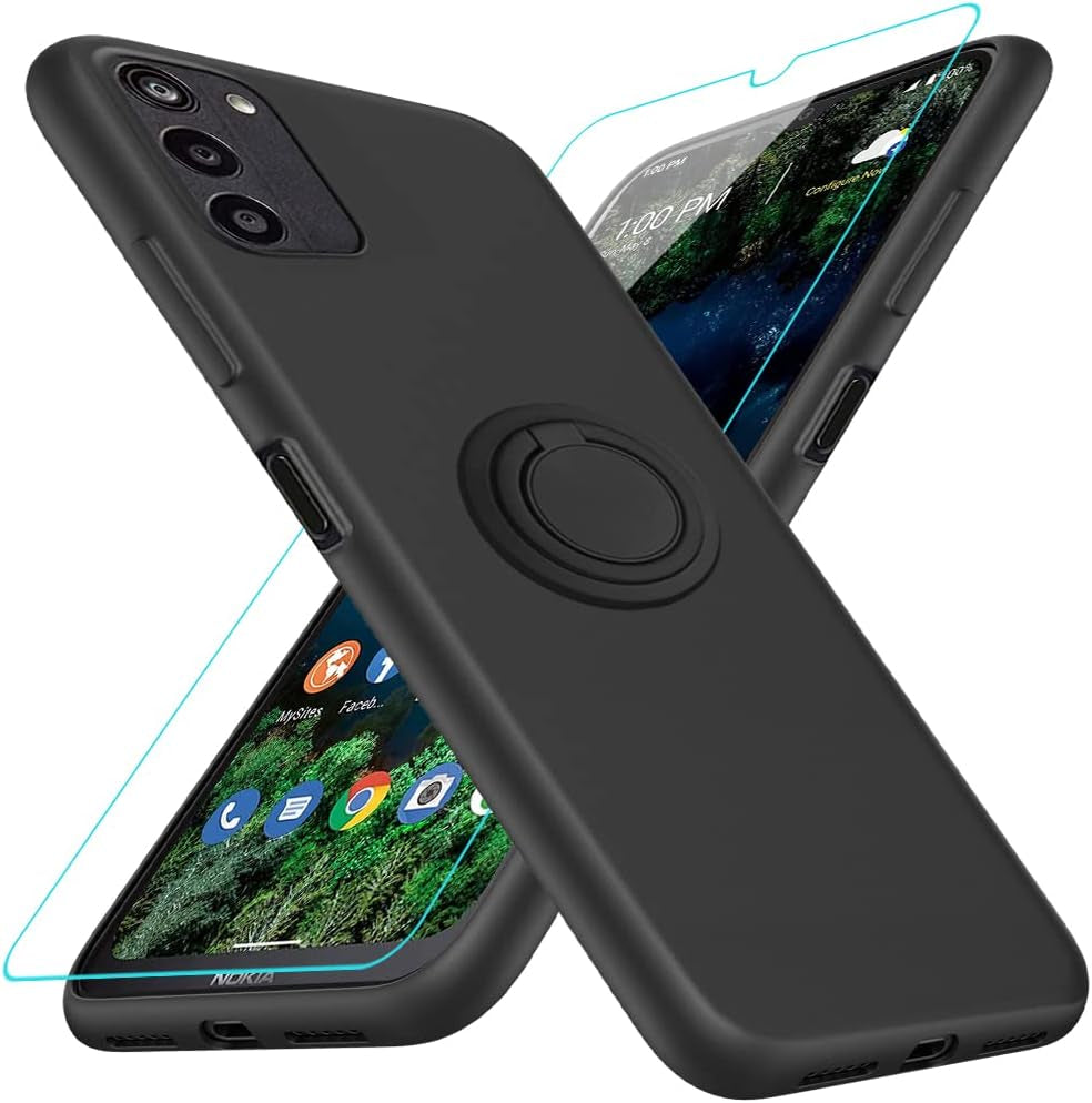 For Motorola Moto G 5G 2023 Phone Case with Glass Screen Protector, 360° Rotatable Ring Holder Magnetic Kickstand/Stand Silicone TPU Shockproof Protective Cover Case for Motorola Moto G 5G - Black  Nijiadi Nokia G100 Black  