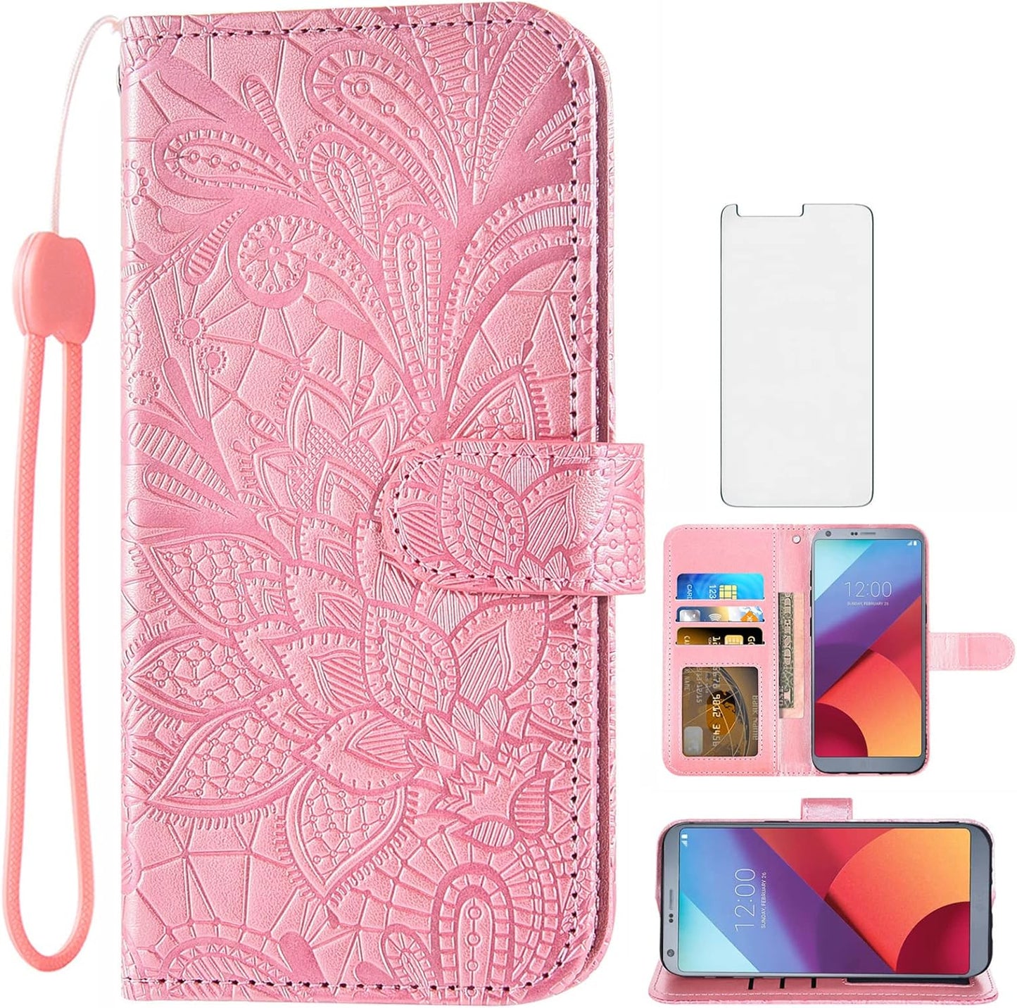 Asuwish Compatible with LG G6 Case and Tempered Glass Screen Protector Cover Cell Accessories Card Holder Lace Wallet Phone Cases for LGG6 Thinq LG6 Thin Q G 6 plus G6+ 6G VS988 H872 Women Rose Gold  Asuwish   