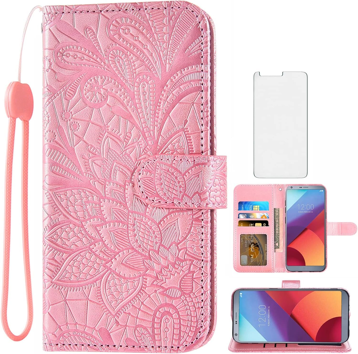 Asuwish Compatible with LG G6 Case and Tempered Glass Screen Protector Cover Cell Accessories Card Holder Lace Wallet Phone Cases for LGG6 Thinq LG6 Thin Q G 6 plus G6+ 6G VS988 H872 Women Rose Gold  Asuwish   