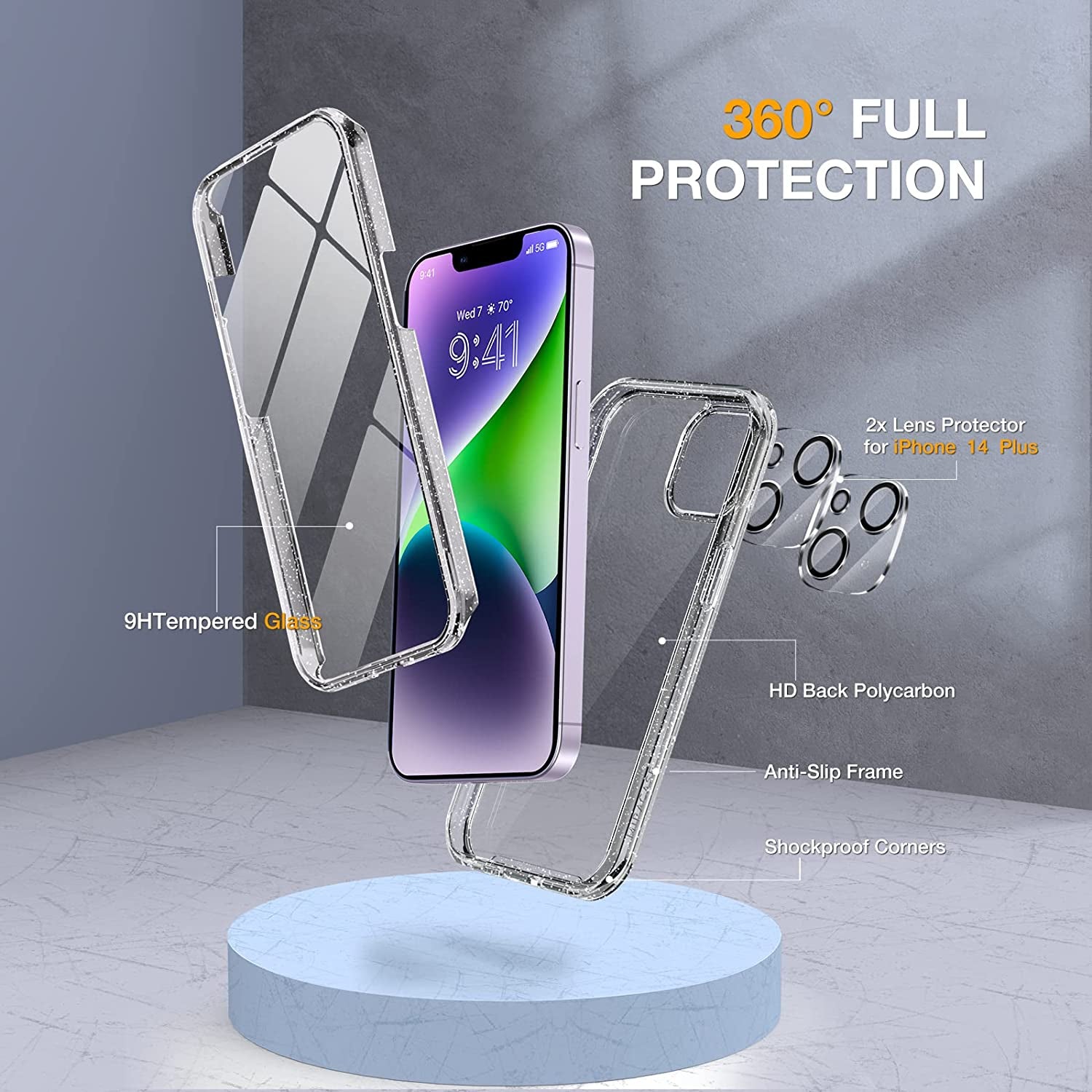 Miracase Glass Series Designed for Iphone 14 Case 6.1 Inch, 2023 Upgrade Full-Body Clear Bumper Case with Built-In 9H Tempered Glass Screen Protector and 2 Pcs Camera Lens Protector,Clear Glitter  Miracase   