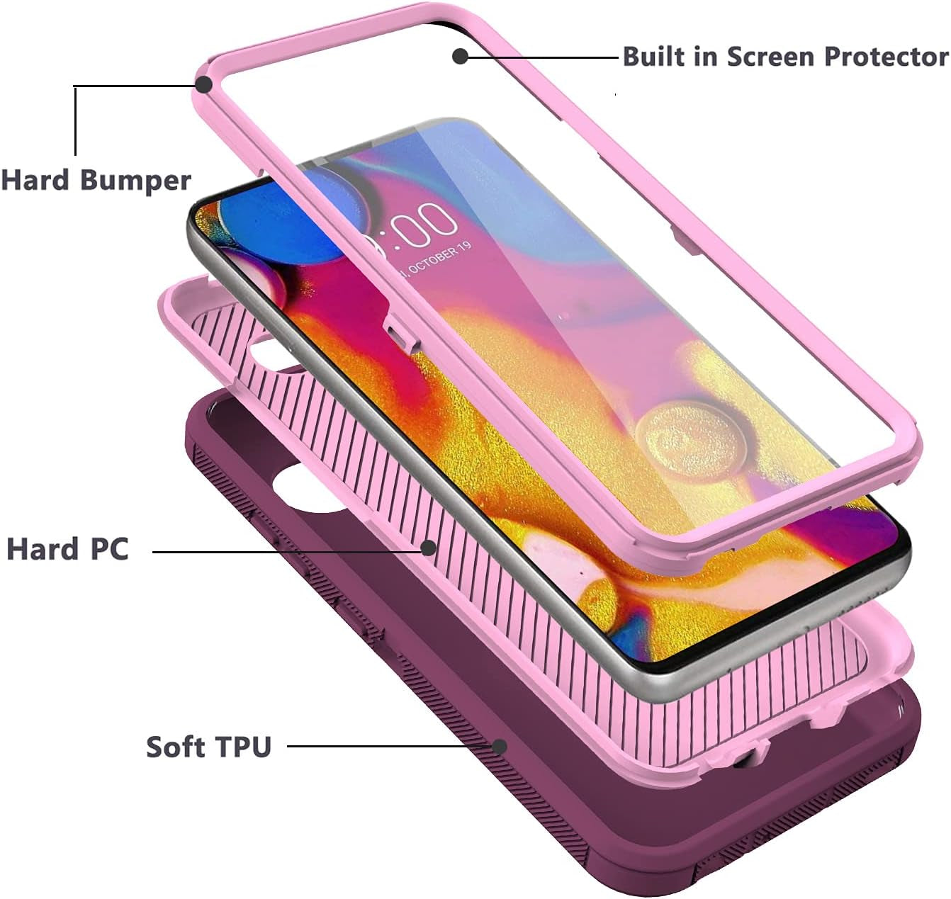 Annymall for LG V40 Case, LG V40 Thinq Case, with Built in Screen Protector Full Body Rugged 3 in 1 Bumper Heavy Duty Shockproof Drop/Dust-Proof Protective Phone Case Cover for LG V40 (Wine/Pink)  Annymall   