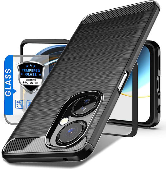 Dretal for Oneplus Nord N30 5G Case with Tempered Glass Screen Protector, Shock-Absorption Brushed Flexible Soft TPU Carbon Fiber Protective Cover for Oneplus Nord N30 5G (Ls-Black)  Dretal   