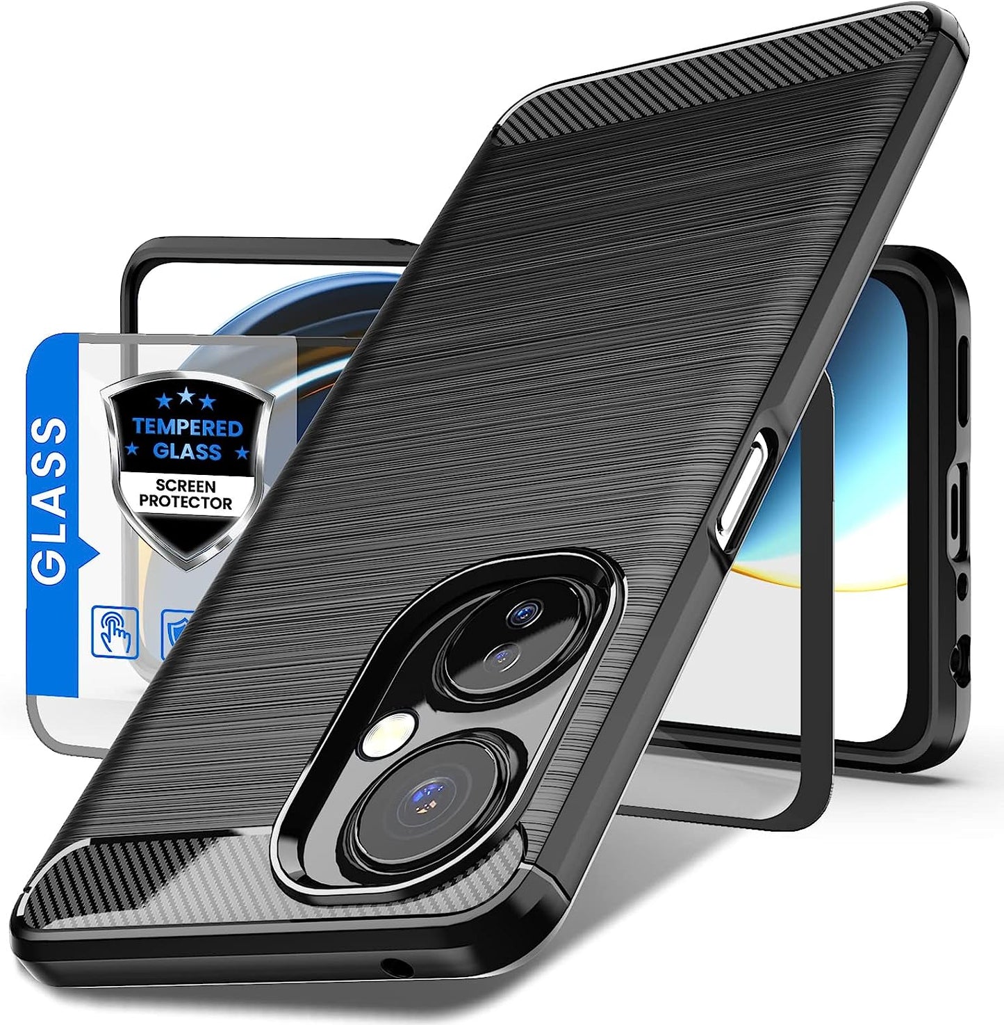 Dretal for Oneplus Nord N30 5G Case with Tempered Glass Screen Protector, Shock-Absorption Brushed Flexible Soft TPU Carbon Fiber Protective Cover for Oneplus Nord N30 5G (Ls-Black)  Dretal   