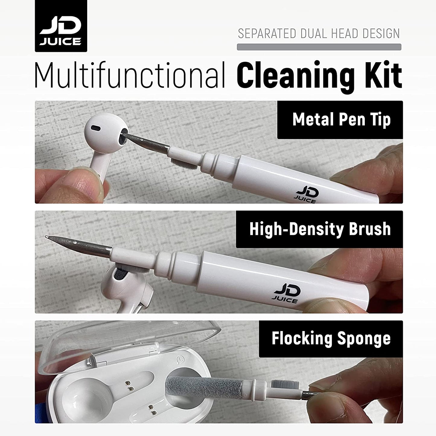 2 Pack - Airpods Cleaning Kit Earbud Cleaning Kit - Phone Cleaning Kit In-Ear Headphones Cleaning Pen Tool, Portable 3-In-1 Laptop Cleaning Kit Electronic Cleaner with a Sponge, Metal Pen Tip  JD-ECP-WHT2   