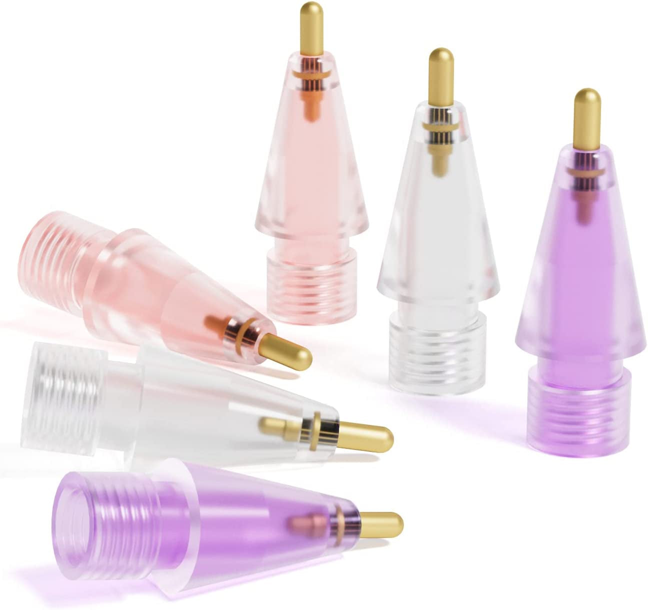 Upgraded Replacement Tips Compatible with Apple Pencil 1St/2Nd Generation&Logitech Crayon, No Wear Out Precise Control Rounded Metal Pencil Nibs for Ipad Pro/Air/Mini Pencil, 6 Pack  Qreninv 6pack-clear pink purple  