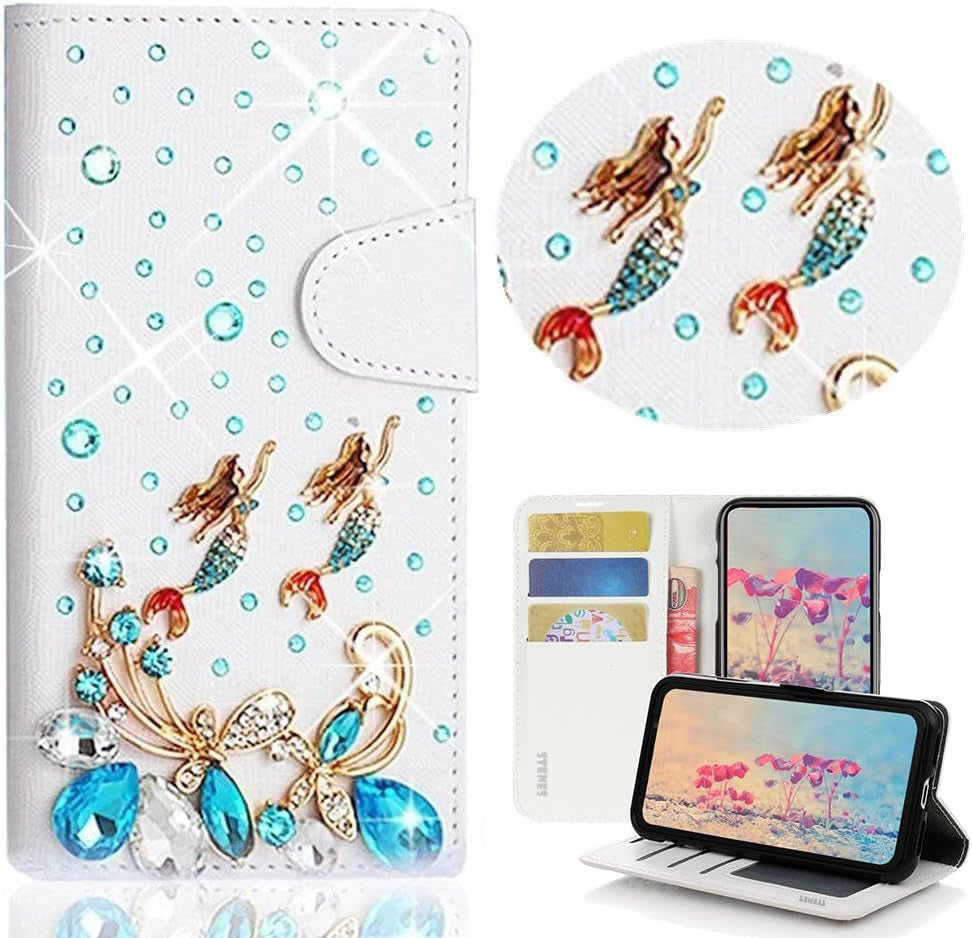 STENES LG G6 Case, LG G6 plus Case - STYLISH - 3D Handmade Bling Crystal Girls Fairy Floral Design Wallet Credit Card Slots Fold Stand Leather Cover Case for LG G6/LG G6 plus - White  STENES Butterfly Mermaid / Light Blue  