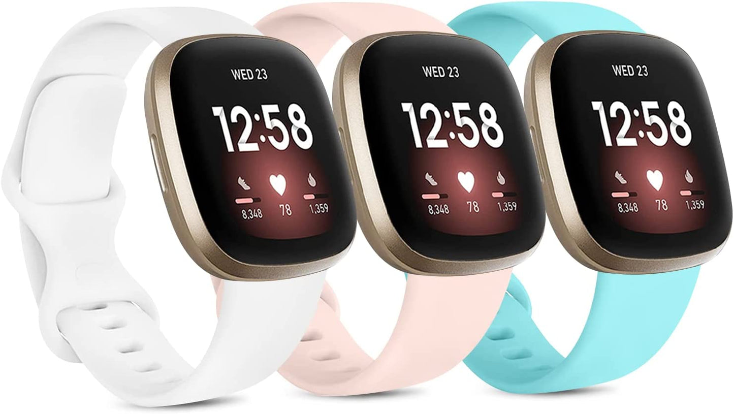 3 Pack Silicone Bands for Fitbit Sense Bands Fitbit Versa 3 Bands Women Men, Classic Soft Sport Bands Replacement Wristbands for Fitbit Sense/Versa 3 Smart Watch (Black/White/Gray, Large)  Amzpas White/PinkSand/Gray/Light Blue Large 
