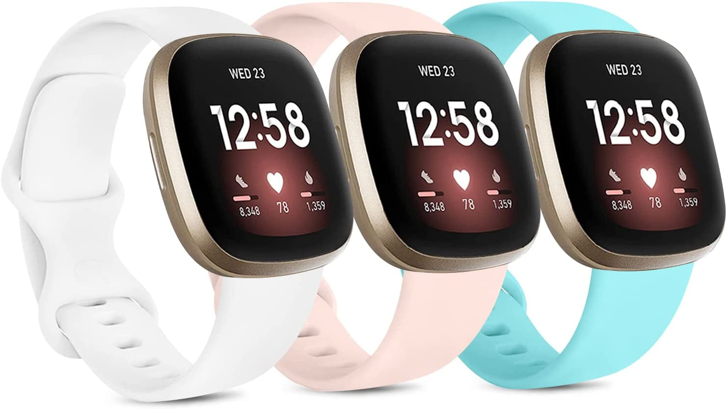 3 Pack Silicone Bands for Fitbit Sense Bands Fitbit Versa 3 Bands Women Men, Classic Soft Sport Bands Replacement Wristbands for Fitbit Sense/Versa 3 Smart Watch (Black/White/Gray, Large)  Amzpas White/PinkSand/Gray/Light Blue Large 