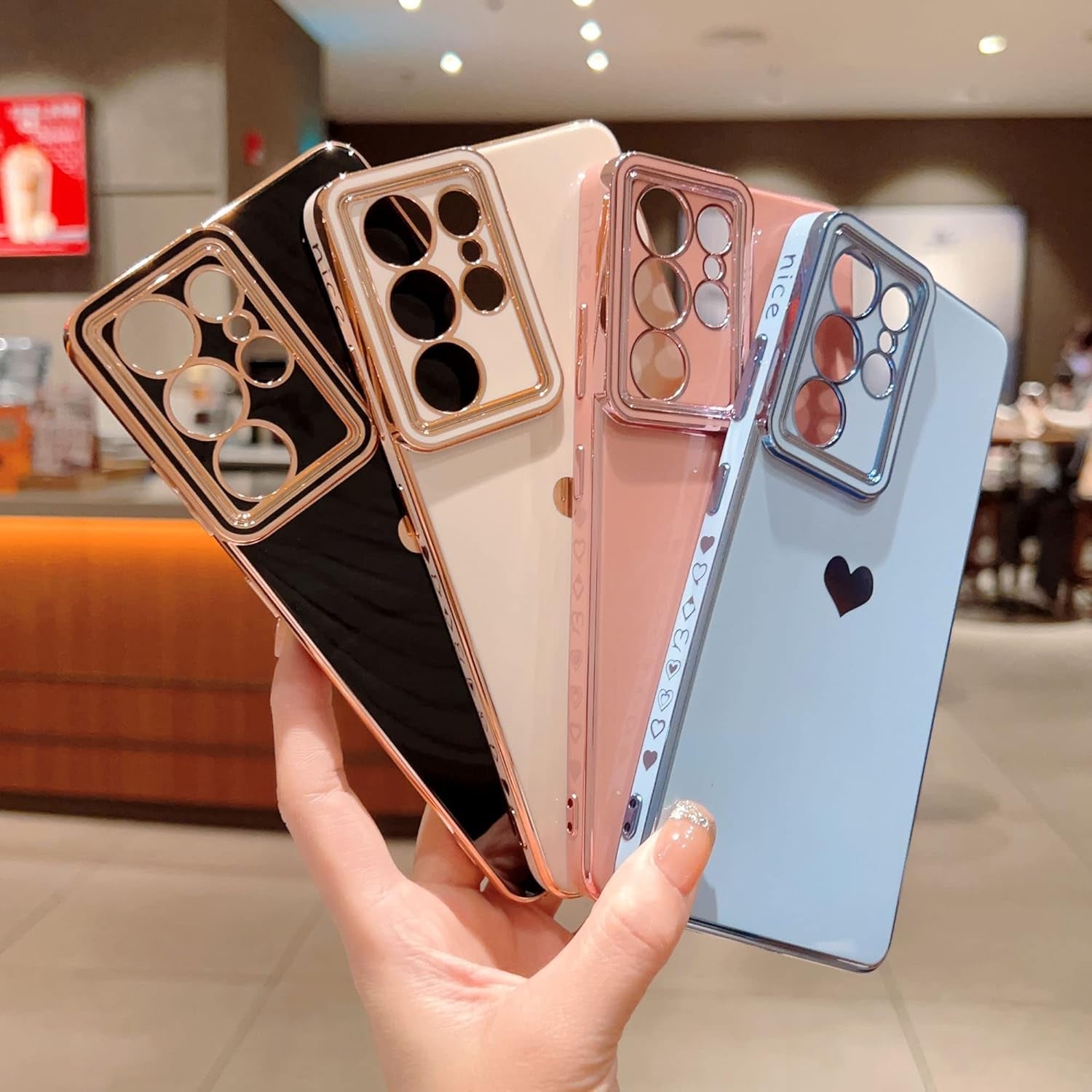 VANIPUFF Samsung Galaxy S21 Ultra 5G 6.8" Phone Case with Luxury Electroplate Cute Side Love Heart Cover Full Camera Protection Soft Silicone Anti-Fingerprint Shockproof Cover Bumper (Pink)  VANIPUFF\1   