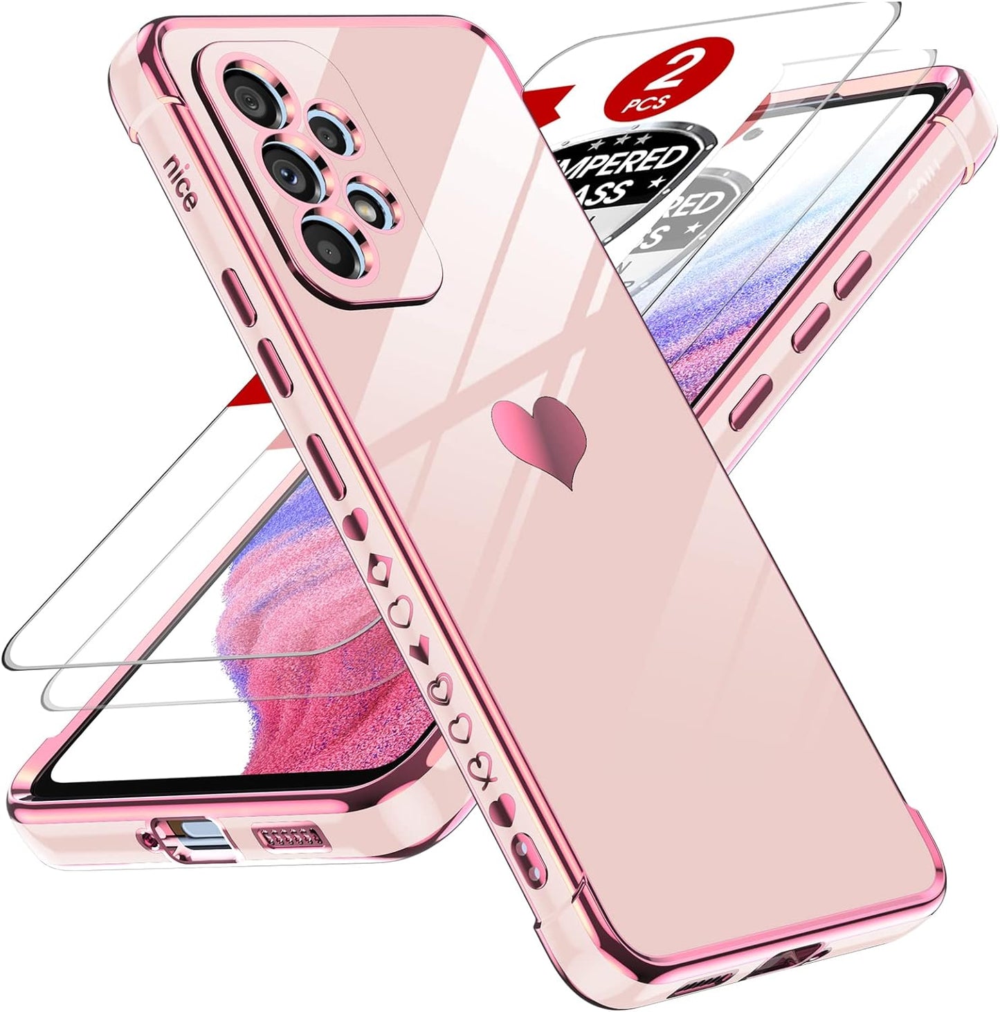 Leyi for Samsung A53 5G Case Galaxy A53 5G Case with Screen Protector [2 Pcs]+ Full Camera Protection, Love Heart Plating Girly Women Cute Luxury Soft TPU Case for Samsung A53 5G, Black  LeYi Pink  