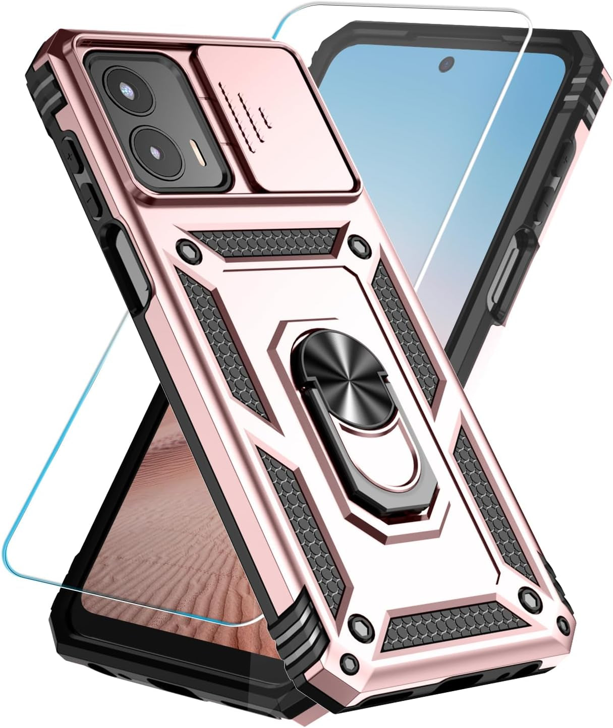 Sunstory for Motorola Moto G 5G 2023 Case with Tempered Glass Screen Protector & Slide Camera Cover & Kickstand, [Military-Grade] Phone Case for Moto G 5G 2023 (Red)  SunStory Rose Gold  