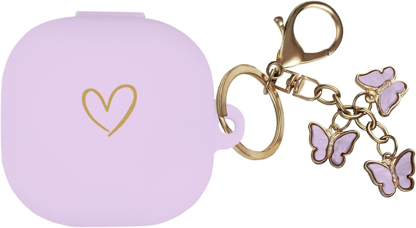 AIIEKZ Compatible with Samsung Galaxy Buds 2 / Buds Pro/Buds Live/Buds 2 Pro, Soft Silicone Case with Gold Heart Pattern with Cute Butterfly Keychain for Girls Women (Black)  AIIEKZ Purple  