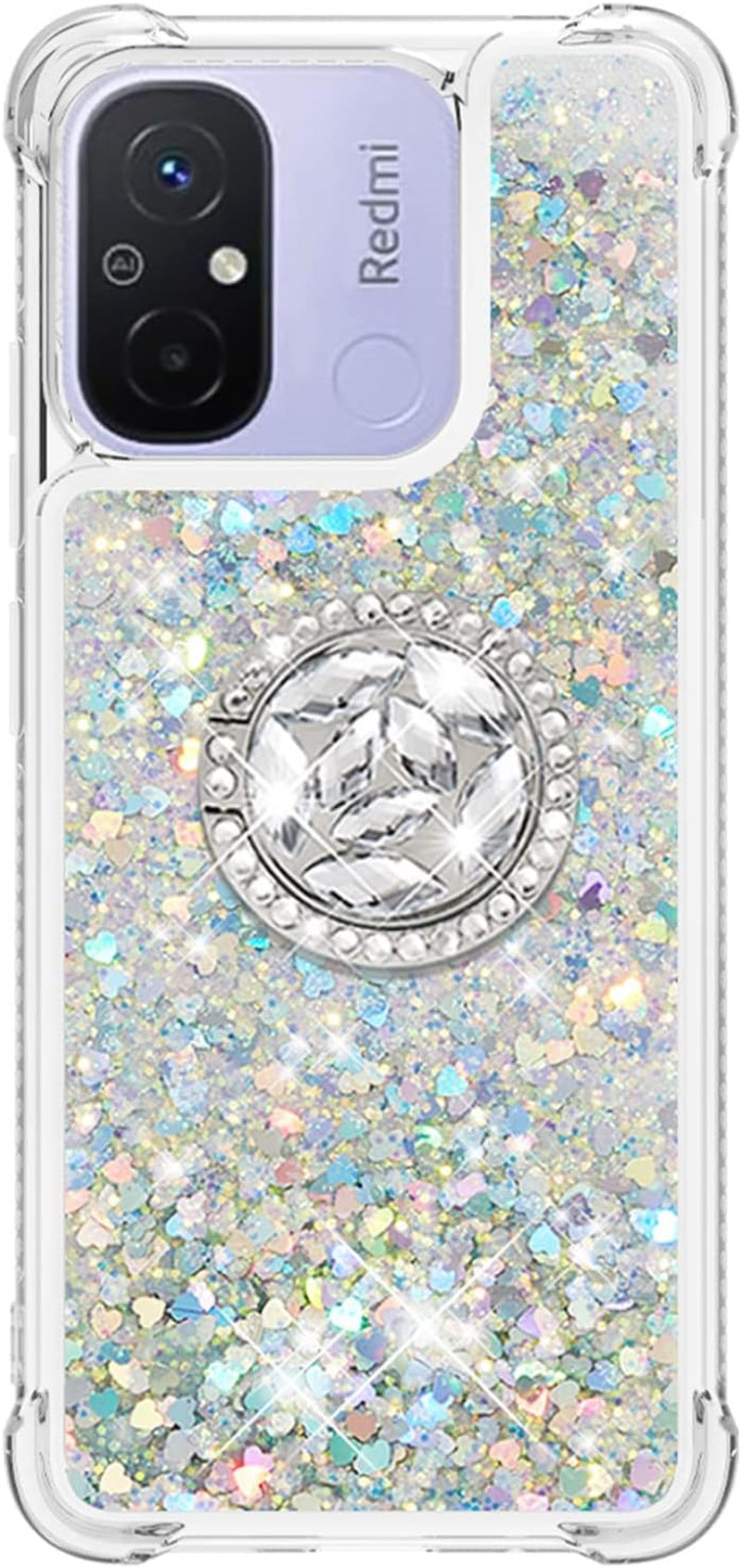 Tncavo for Xiaomi Redmi 12C Case for Woman, Moving Liquid Holographic Sparkle Glitter Cases with Diamond Ring Soft Clear TPU Luxury Girly Cute Phone Cover for Xiaomi Redmi 12C LSZ Silver  Tncavo   