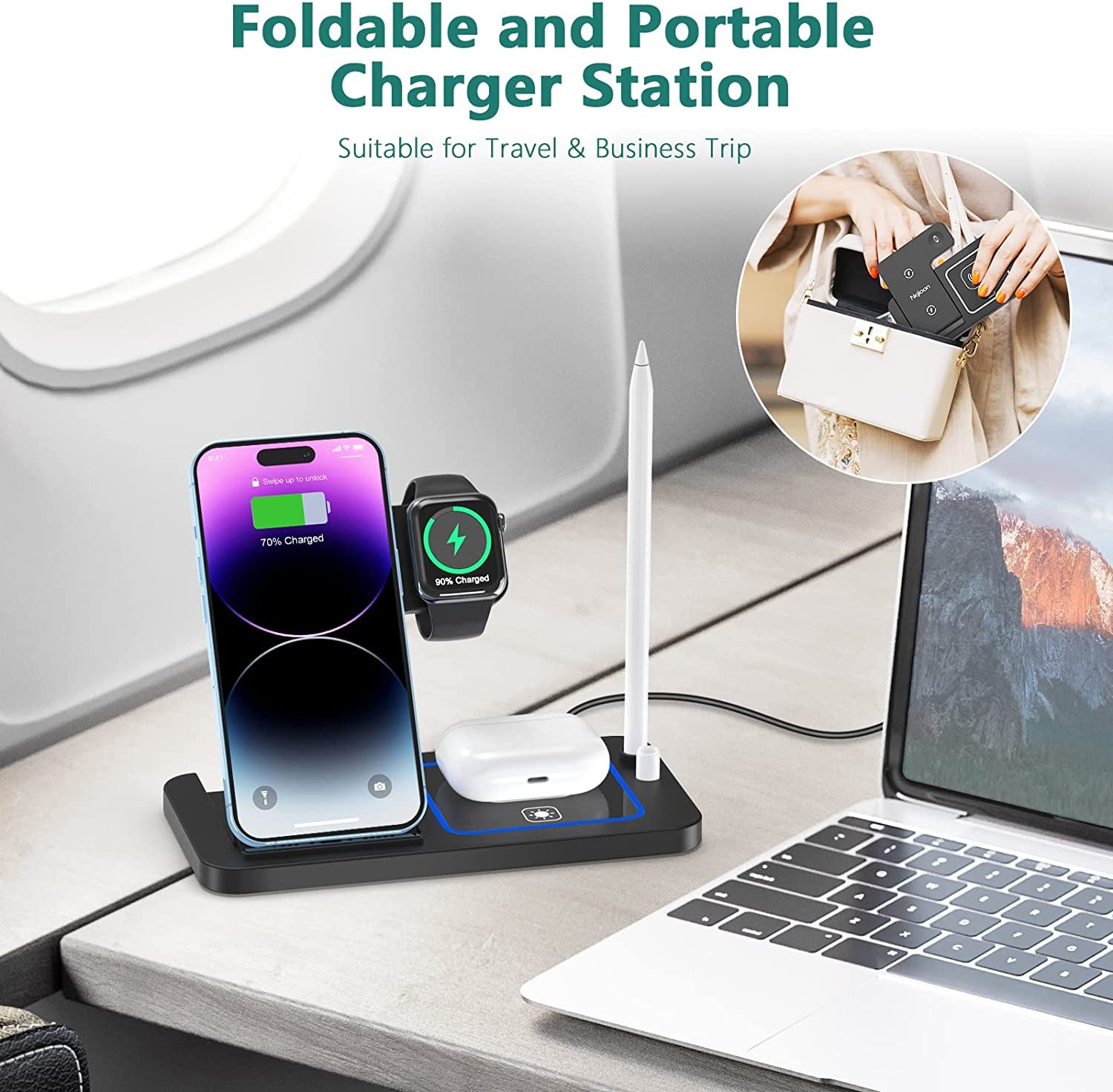 Wireless Charging Station for Apple Multiple Devices - 4 in 1 Charger Station Stand Dock for Apple Watch Series 7 6 SE 5 4 3 2 & Airpods Apple Pencil Iphone 13 12 11 Pro X XR 8 Iwatch with Adapter  Popveen   