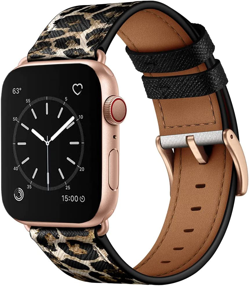 OUHENG Compatible with Apple Watch 49Mm 45Mm 44Mm 42Mm, Genuine Leather Band Replacement Strap Compatible with Apple Watch Ultra Series 8/7/6/5/4/3/2/1/SE2/SE, Black Band with Black Adapter  OUHENG Leopard/Rose Gold 49mm/45mm/44mm/42mm 
