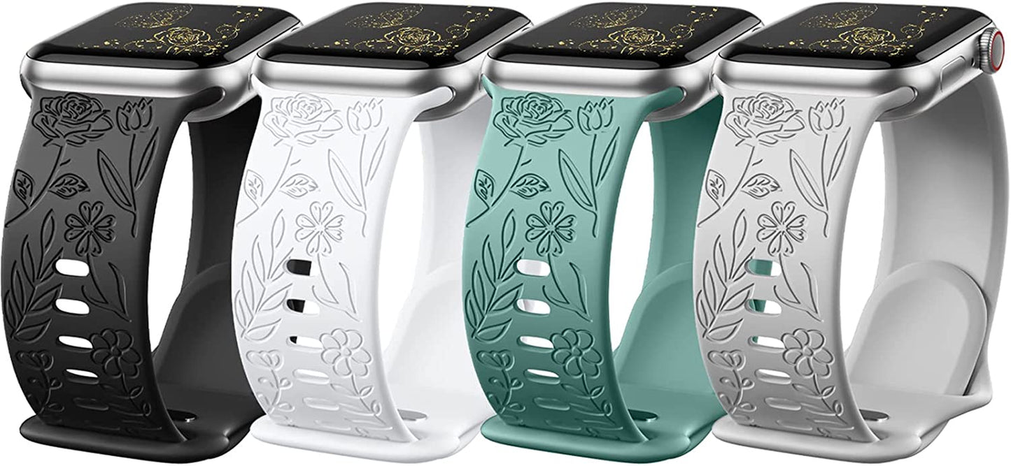 Daqin 4 Pack Band Compatible with Apple Watch Band 38Mm 40Mm 41Mm 42Mm 44Mm 45Mm 49Mm Women Men, Flower Engraved Soft Silicone Classy Sport Strap for Apple Watch Series 8 7 6 5 4 3 2 1 Iwatch Se/Ultra  Xuchangjiansenshangmaoyouxiangongsi Black/White/Gray/Pine Green 42mm/44mm/45mm/49mm 