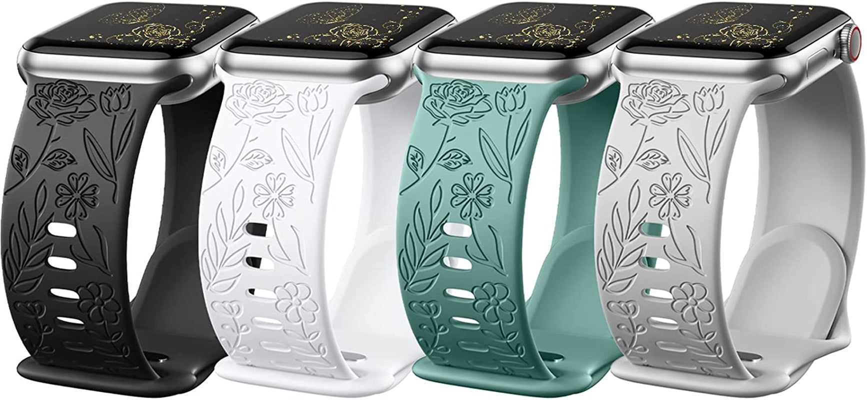 Daqin 4 Pack Band Compatible with Apple Watch Band 38Mm 40Mm 41Mm 42Mm 44Mm 45Mm 49Mm Women Men, Flower Engraved Soft Silicone Classy Sport Strap for Apple Watch Series 8 7 6 5 4 3 2 1 Iwatch Se/Ultra  Xuchangjiansenshangmaoyouxiangongsi Black/White/Gray/Pine Green 42mm/44mm/45mm/49mm 