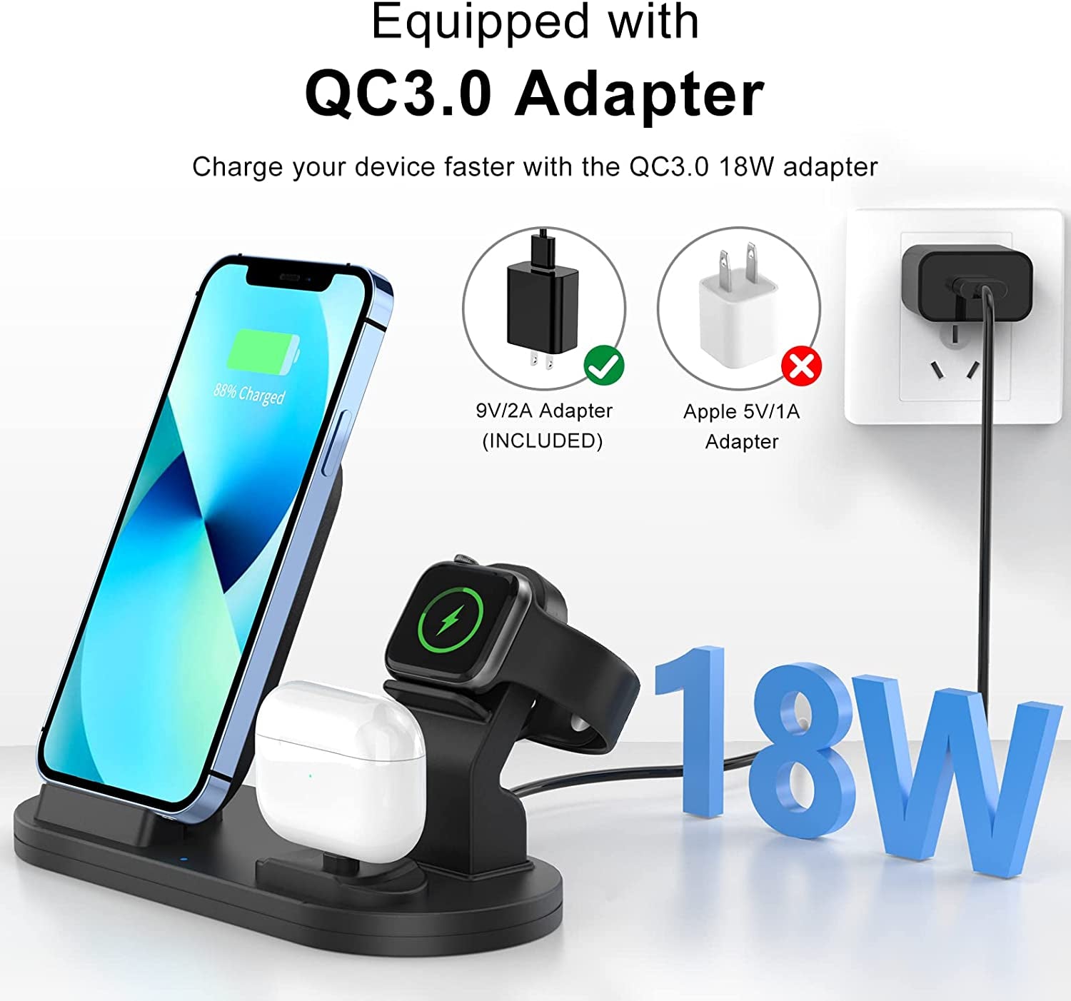 Wireless Charging Station for Apple Products, 3 in 1 Wireless Charger Stand for Iphone 8 above Series, Iwatch 8/Ultra/7/6/Se/5/4/3/2/1, Airpods Pro/3/2/1(With 18W Adapter)(Black)  Shenzhen Shi ChangfengXinwei Keji Youxian Gongsi   