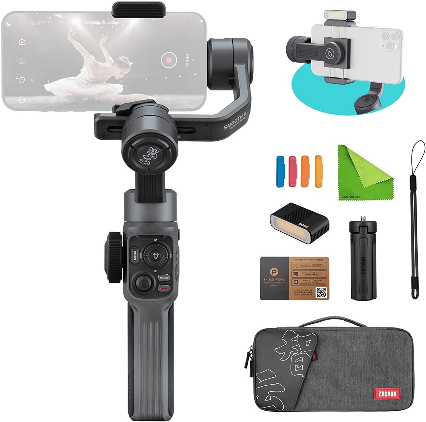 Zhiyun Smooth 5 Combo W/Magnetic Fill Light,Carrying Bag & Tripod,Professional 3-Axis Handheld Gimbal Stabilizer for Smartphone Iphone 14 Pro Max Plus13 12 11 X XS XR Mini SE 8 7 & Android Cell Phone  Zhiyun   