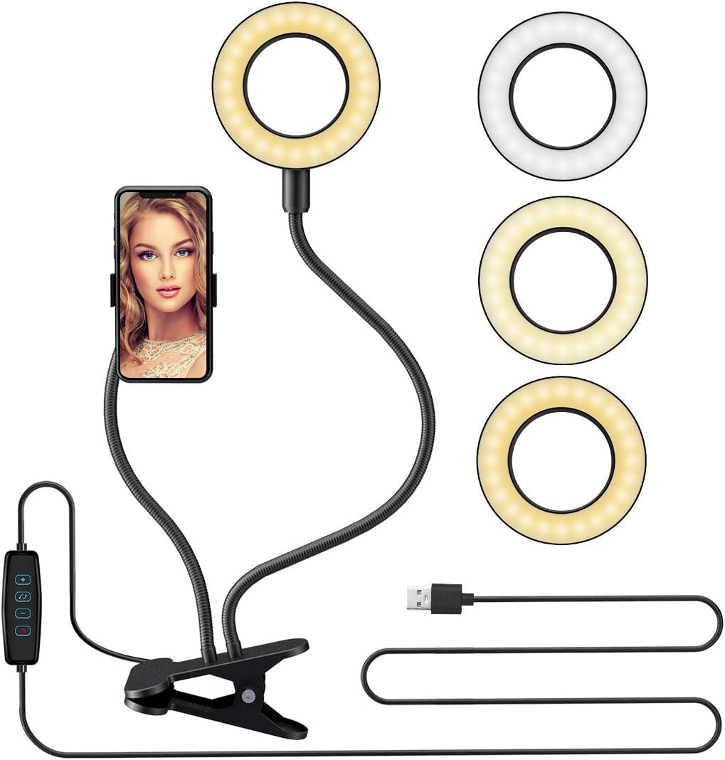 DAVID ROCCO Selfie Ring Light with Flexible Goose Neck Phone Clip 3 Light Modes and 10 Brightness LED Ring Light Compatible with Smart Phone for Youtube, Facebook, Live Stream, Makeup  Shenggetu   