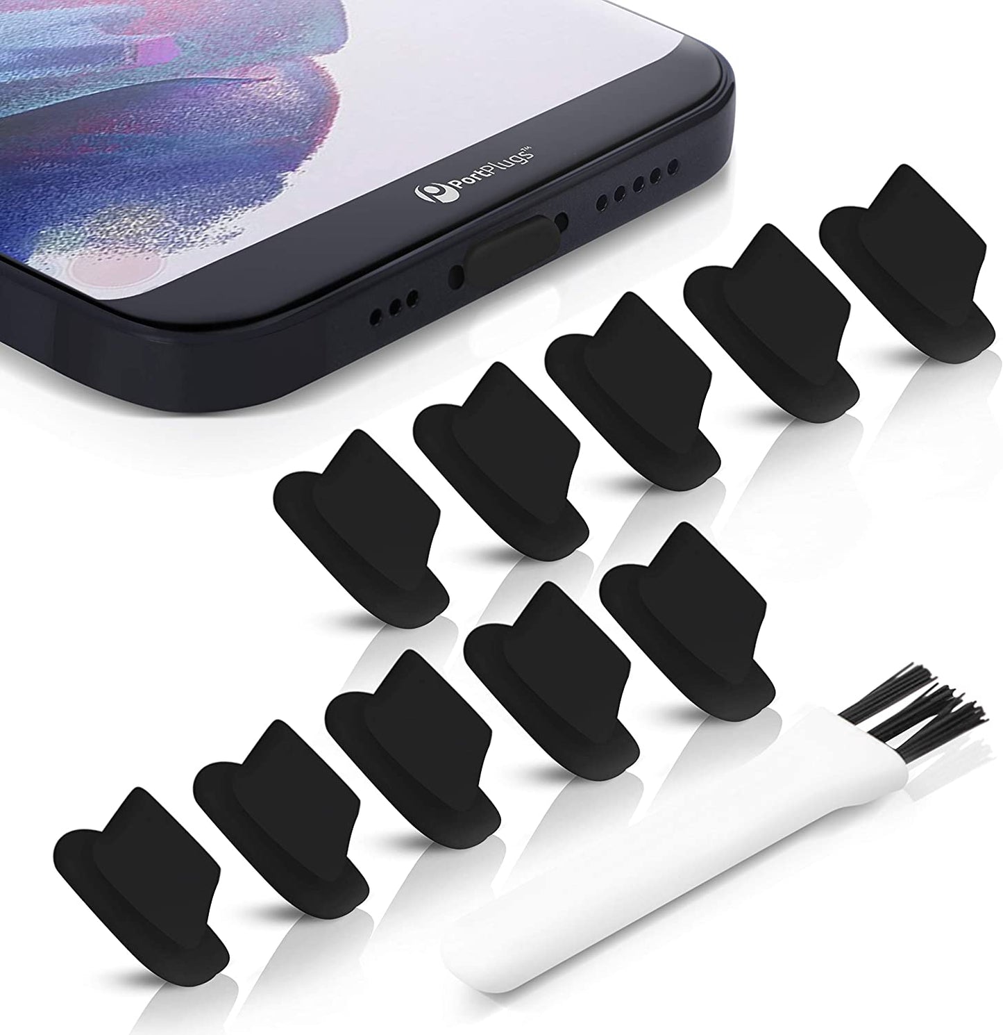 Portplugs Dust Plugs (10 Pack) Flat Design Compatible with Iphone 14, 13, 12, 11, X, 8, 7, Plus, Pro, Max and Air Pods, Includes Charging Port Cleaning Brush (Black)  PortPlugs   
