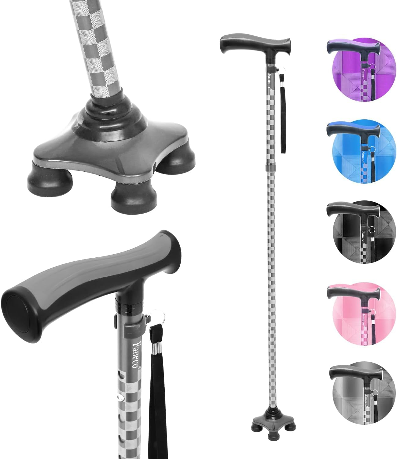 FANECO Walking Cane for Elderly, Folding Walking Stick for Seniors, Pivoting Quad Base, Lightweight Adjustable Walking Stick for Men/Women  NINGBOSHI GUOSHENG XINXI KEJI YOUXIANGONGSI Gray  