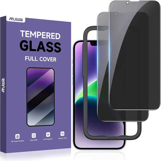 Privacy Screen Protector for Iphone 13/13 Pro/14 [2-Pack][6.1 Inch] Display Tempered Glass Film with Easy Installation Frame, Ultra HD, 9H Hardness, Scratch Resistant, Case Friendly, Full Coverage  Ruwa   