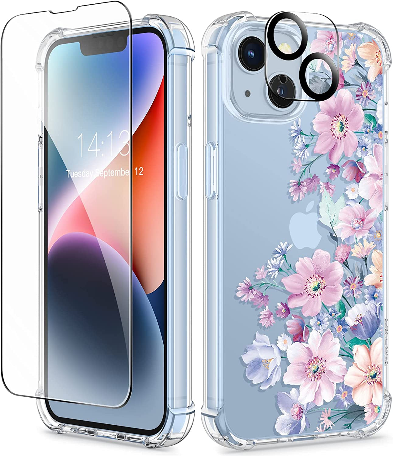 GVIEWIN Compatible with Iphone 14 Case with Screen Protector + Camera Lens Protector, Soft Shockproof Clear Floral Phone Protective Cover for Women, Flower Pattern Design 6.1" (Magnolia/White)  GVIEWIN Anemone Blooms/Pink  